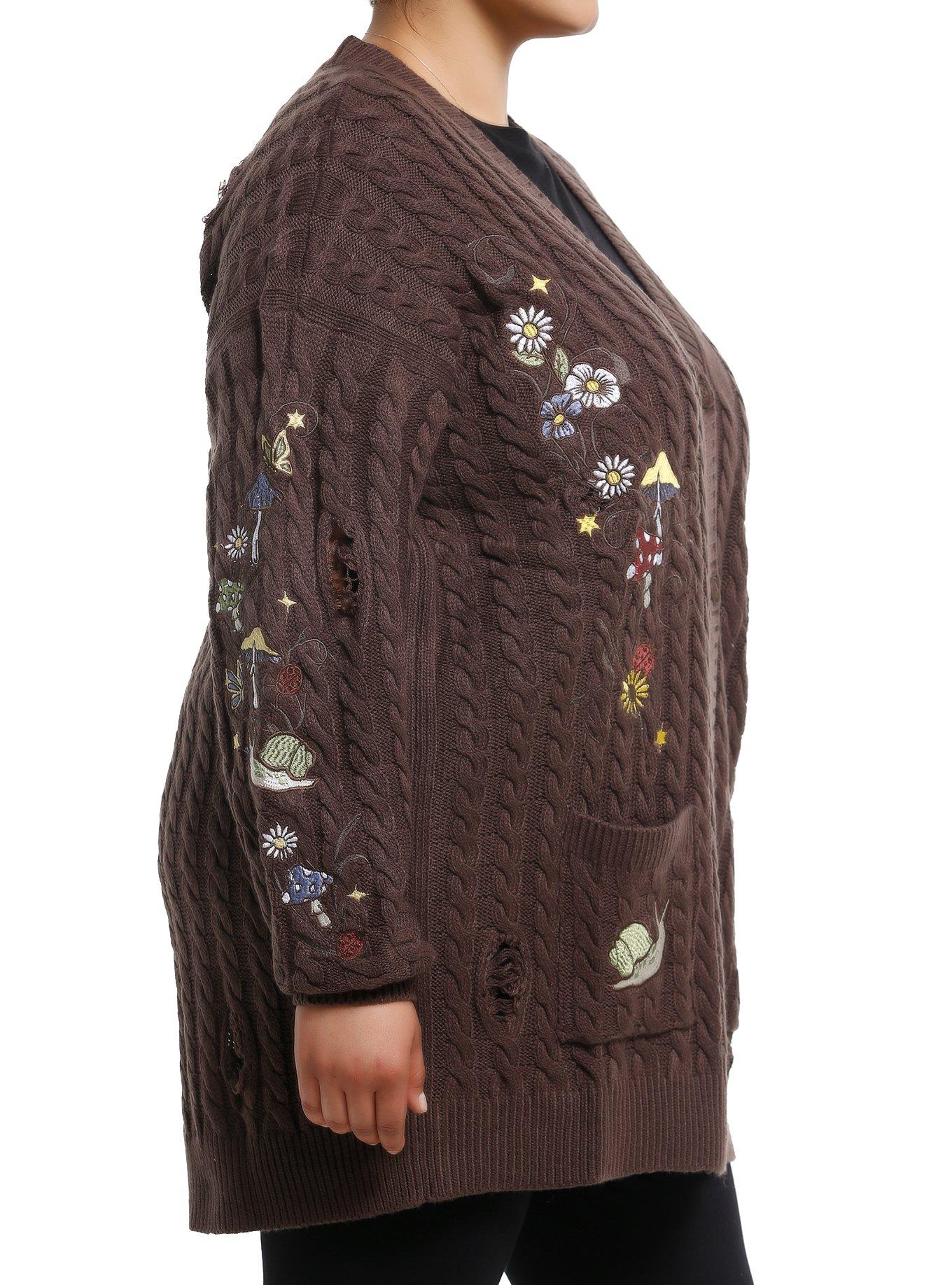 Thorn & Fable Mushroom & Frog Cable Knit Girls Cardigan Plus Size, BROWN, alternate