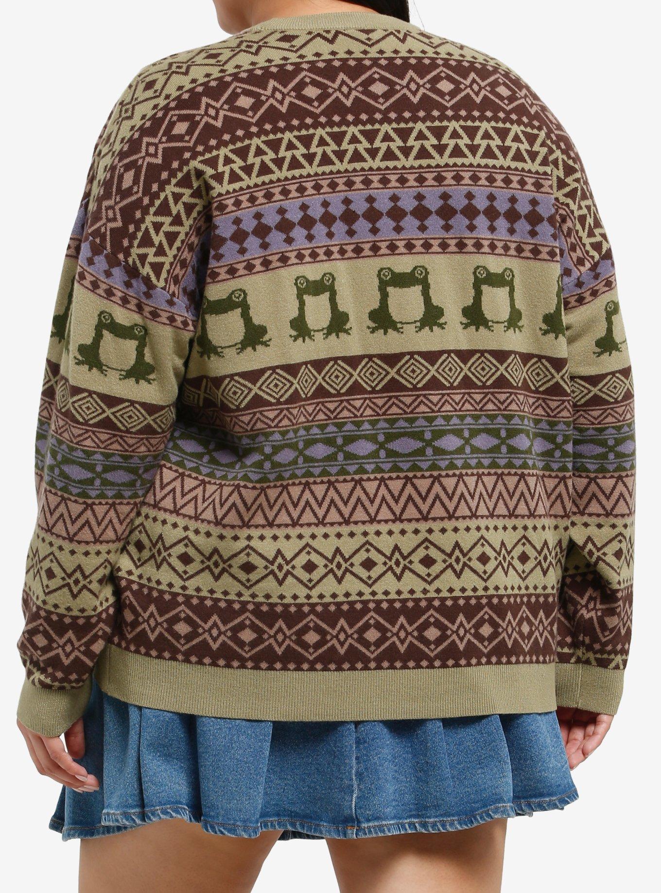 Thorn & Fable Frog Fair Isle Girls Sweater Plus Size, GREEN, alternate