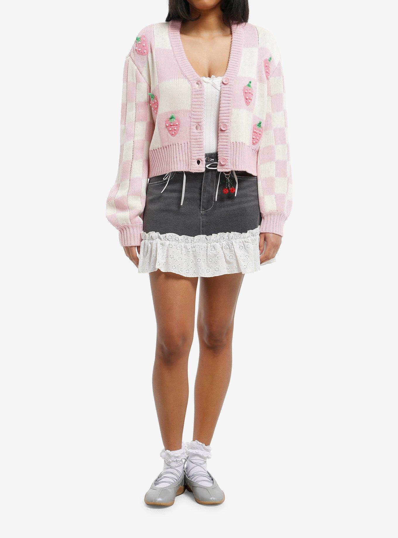 Sweet Society Pearl Strawberry Checker Girls Cardigan, , hi-res