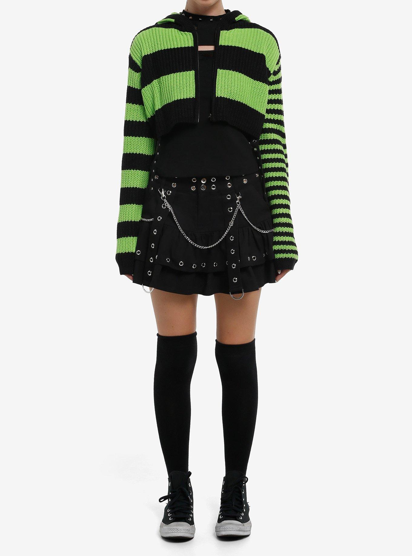 Lime Green & Black Stripe Girls Crop Hoodie, , hi-res