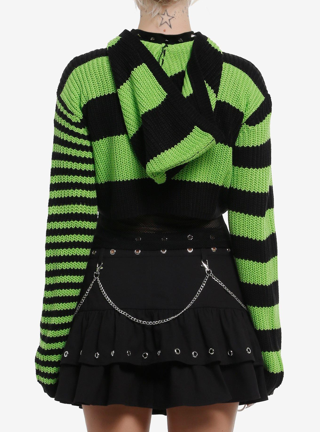 Lime Green & Black Stripe Girls Crop Hoodie, BLACK, alternate