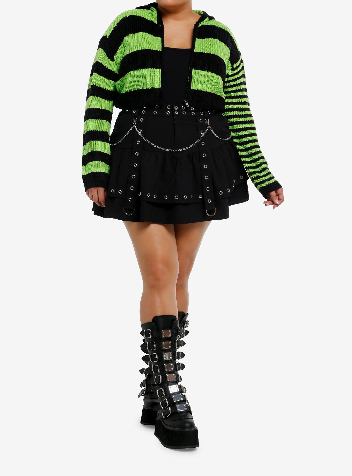 Lime Green & Black Stripe Girls Crop Hoodie Plus Size, , hi-res