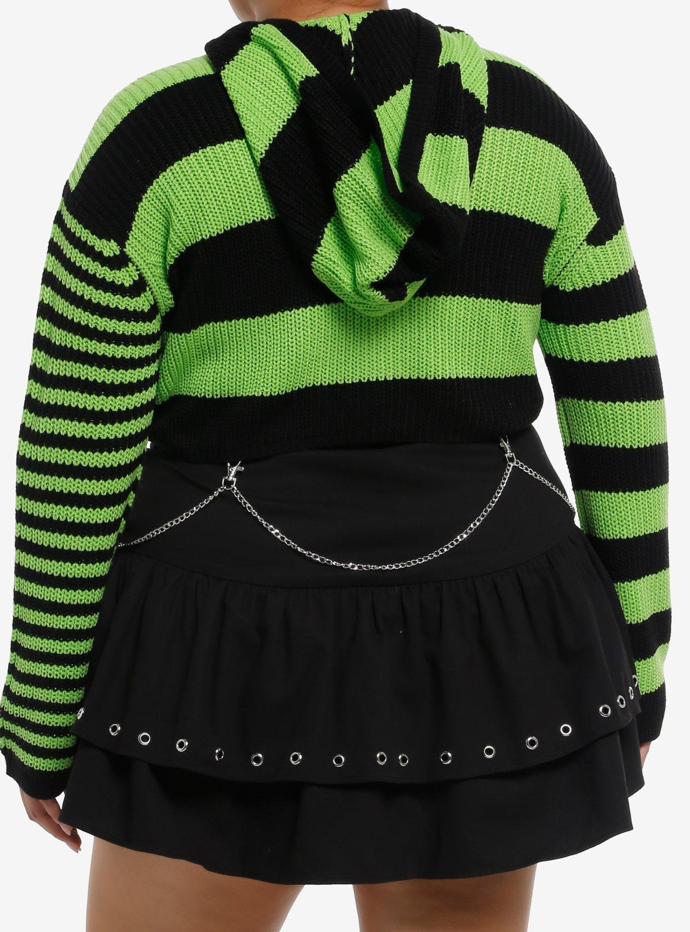 Lime Green & Black Stripe Girls Crop Hoodie Plus Size, BLACK, alternate