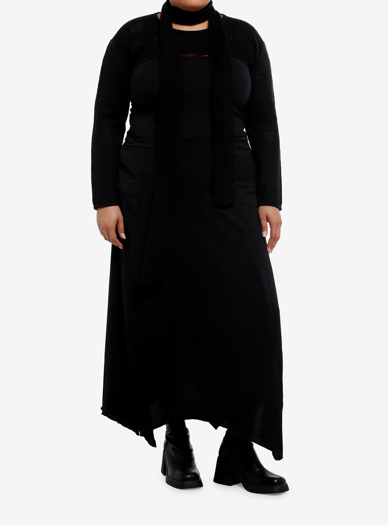 Social Collision Black Girls Knit Shrug With Scarf Plus Size, , hi-res