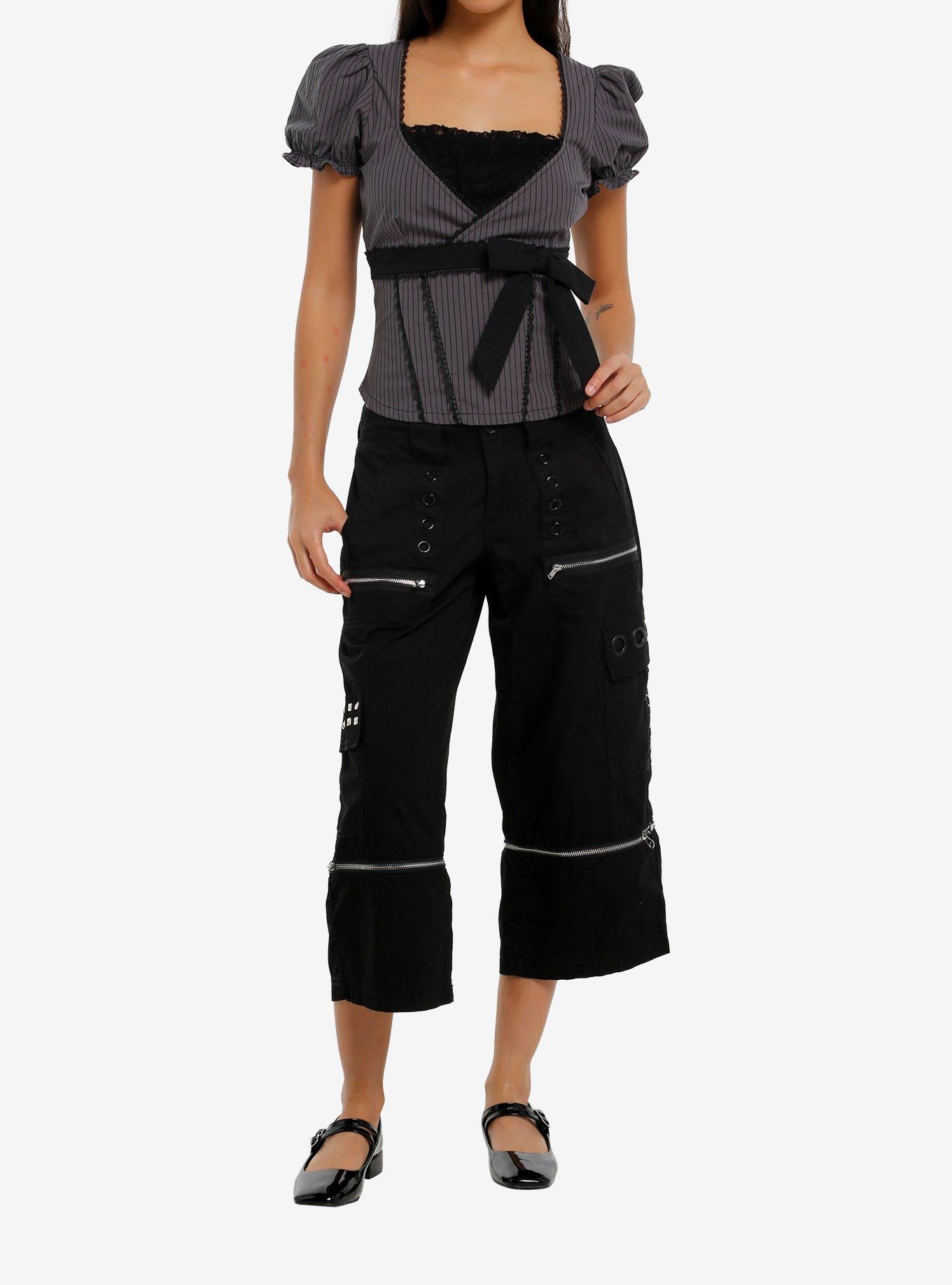 Thorn & Fable Black & Grey Pinstripe Girls Puff Sleeve Top, , hi-res