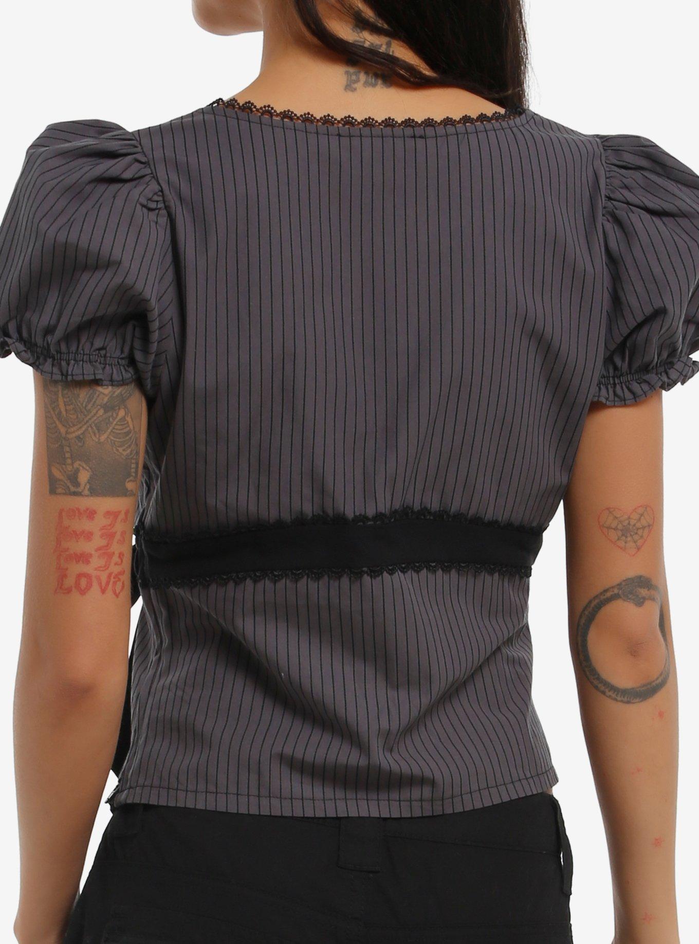 Thorn & Fable Black & Grey Pinstripe Girls Puff Sleeve Top, GREY, alternate