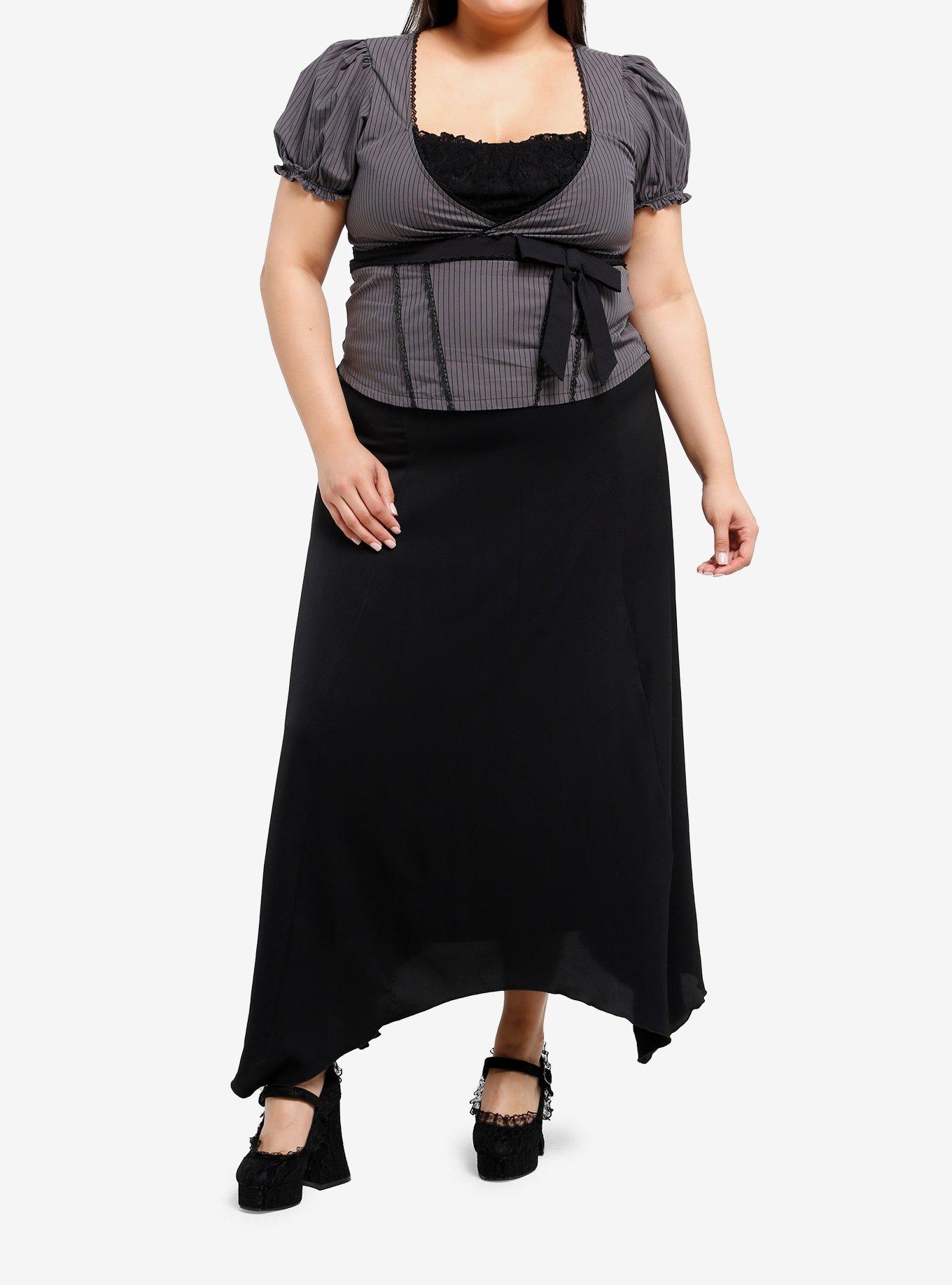 Thorn & Fable Black & Grey Pinstripe Girls Puff Sleeve Top Plus Size, , hi-res