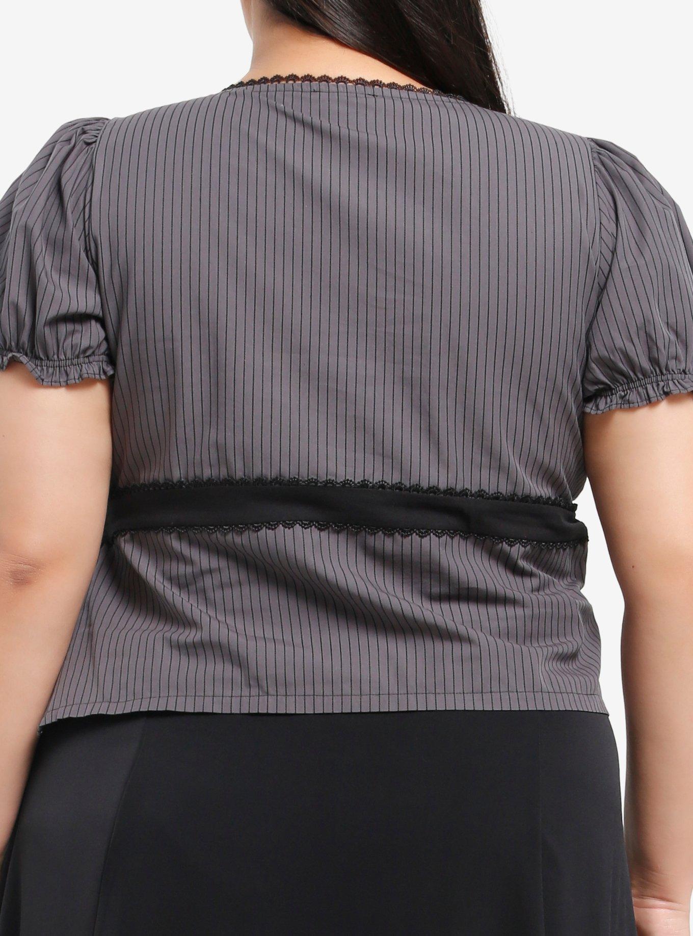 Thorn & Fable Black & Grey Pinstripe Girls Puff Sleeve Top Plus Size, GREY, alternate