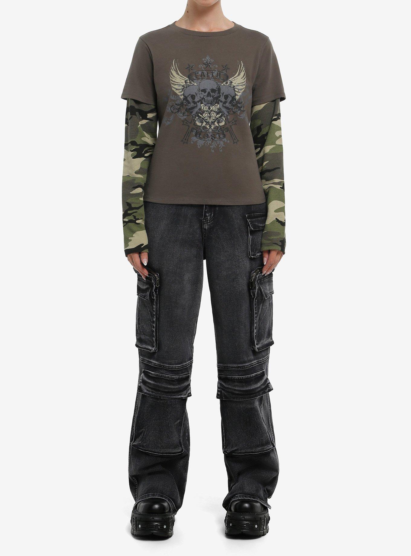 Social Collision Skull Wings Camouflage Girls Long-Sleeve Twofer, , hi-res