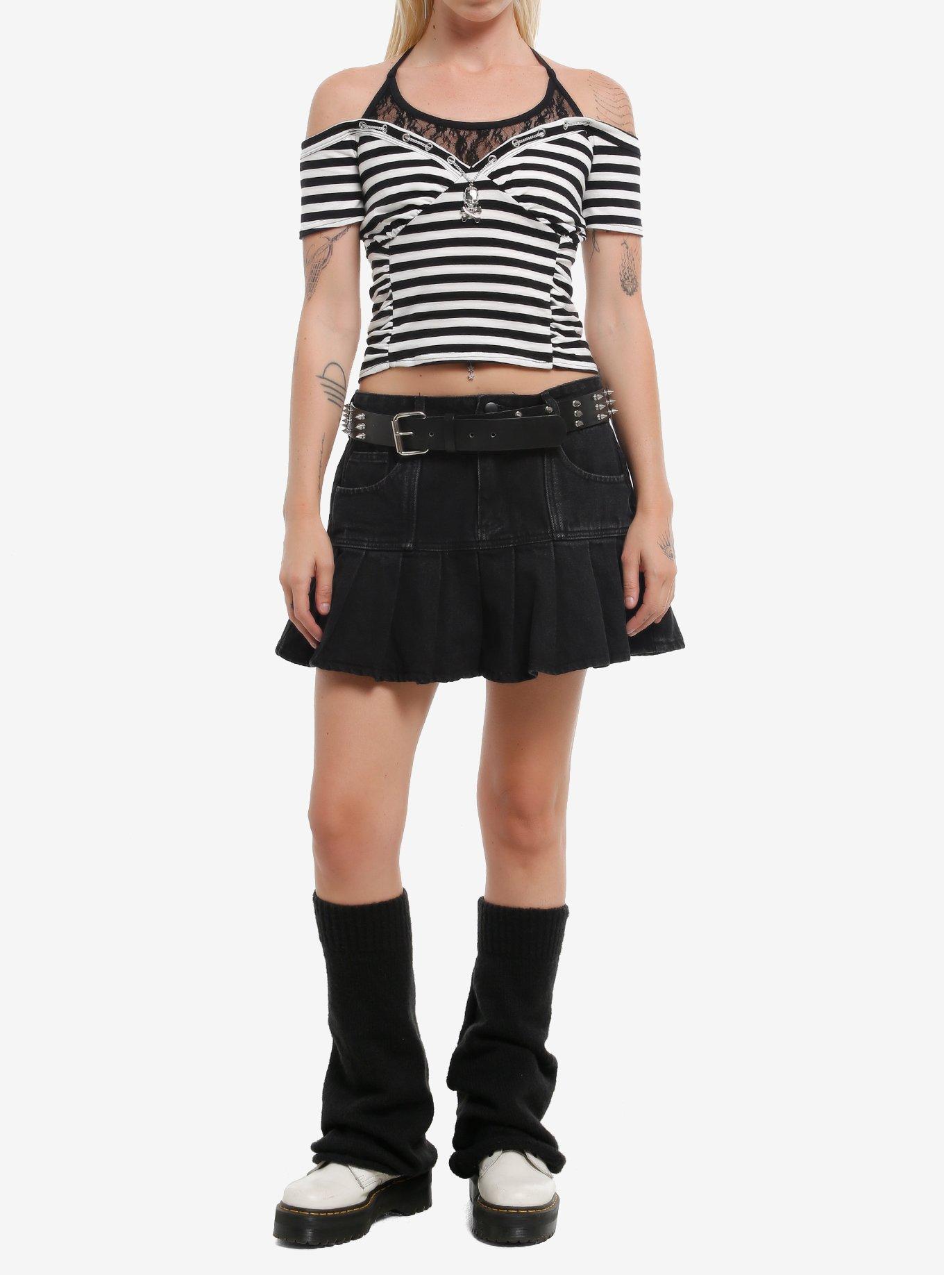 Black & White Stripe Skull Girls Cold-Shoulder Top, , hi-res