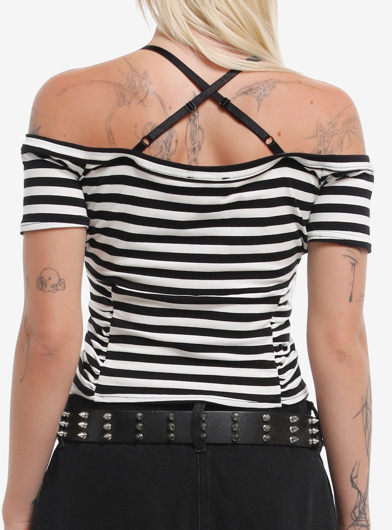 Black & White Stripe Skull Girls Cold-Shoulder Top, , hi-res