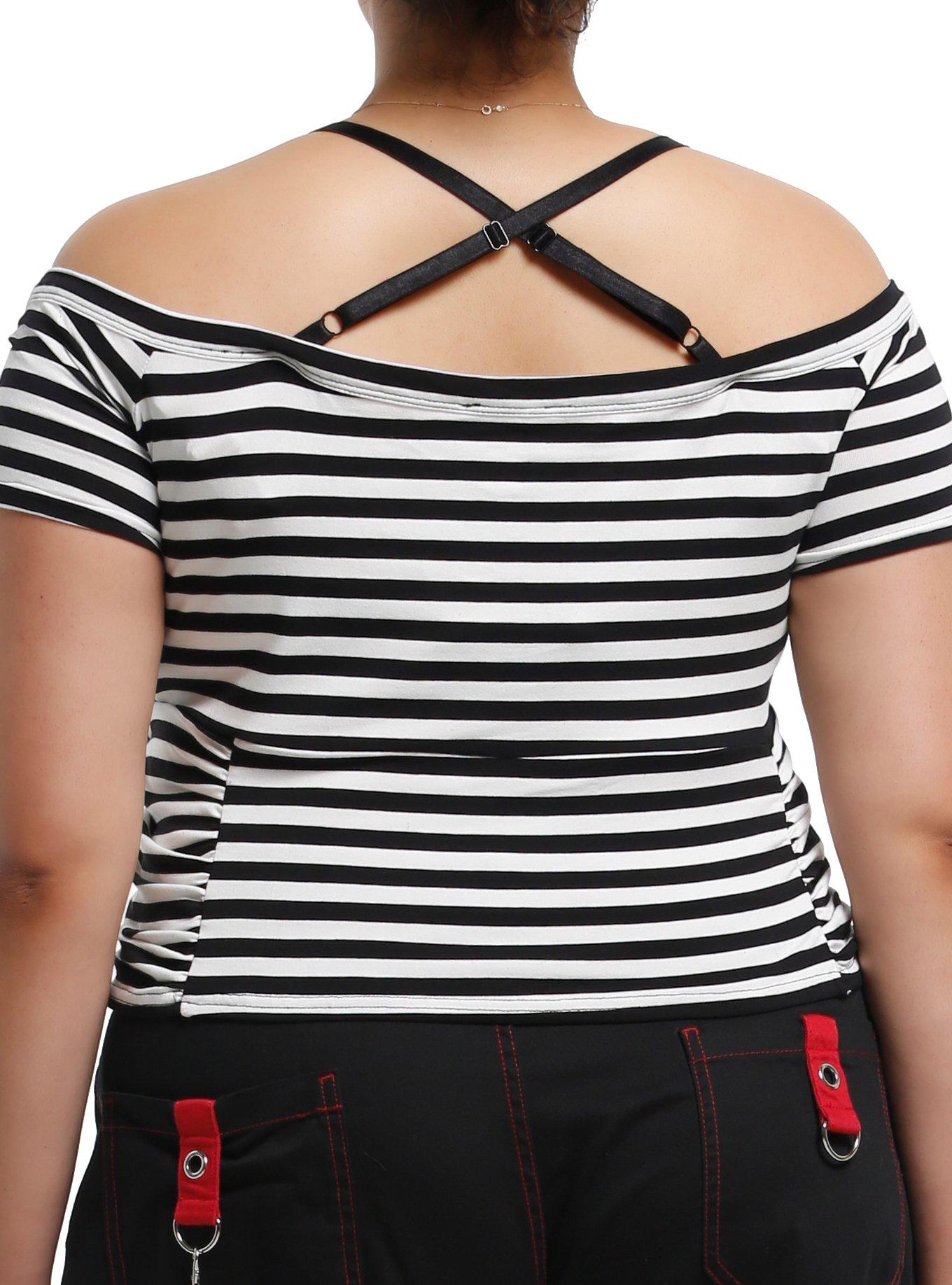 Black & White Stripe Skull Girls Cold-Shoulder Top, BLACK, alternate