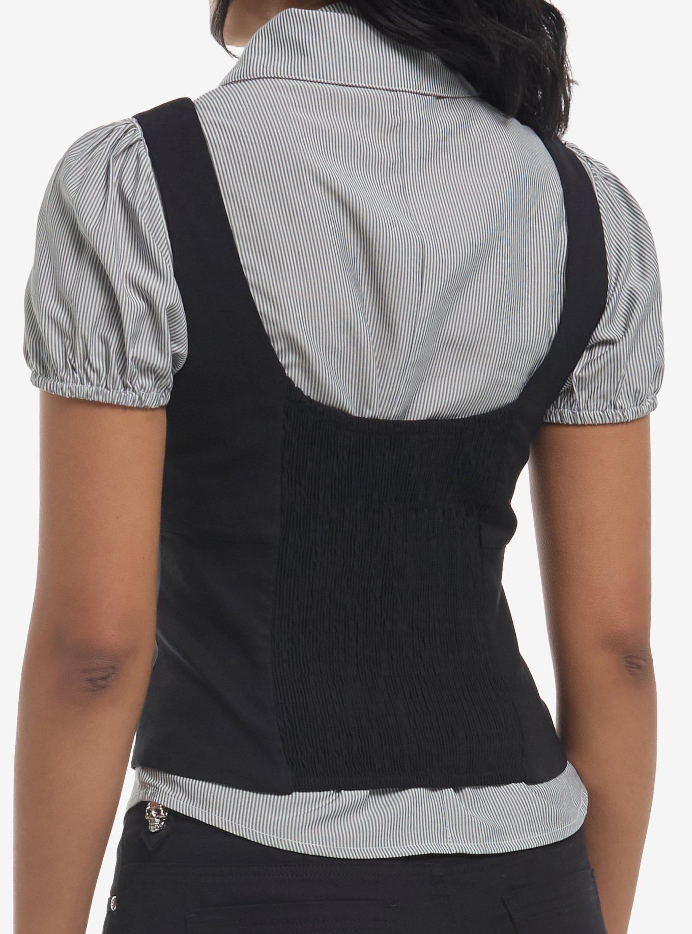 Black Corset & Grey Stripe Collar Girls Twofer Top, GREY, alternate