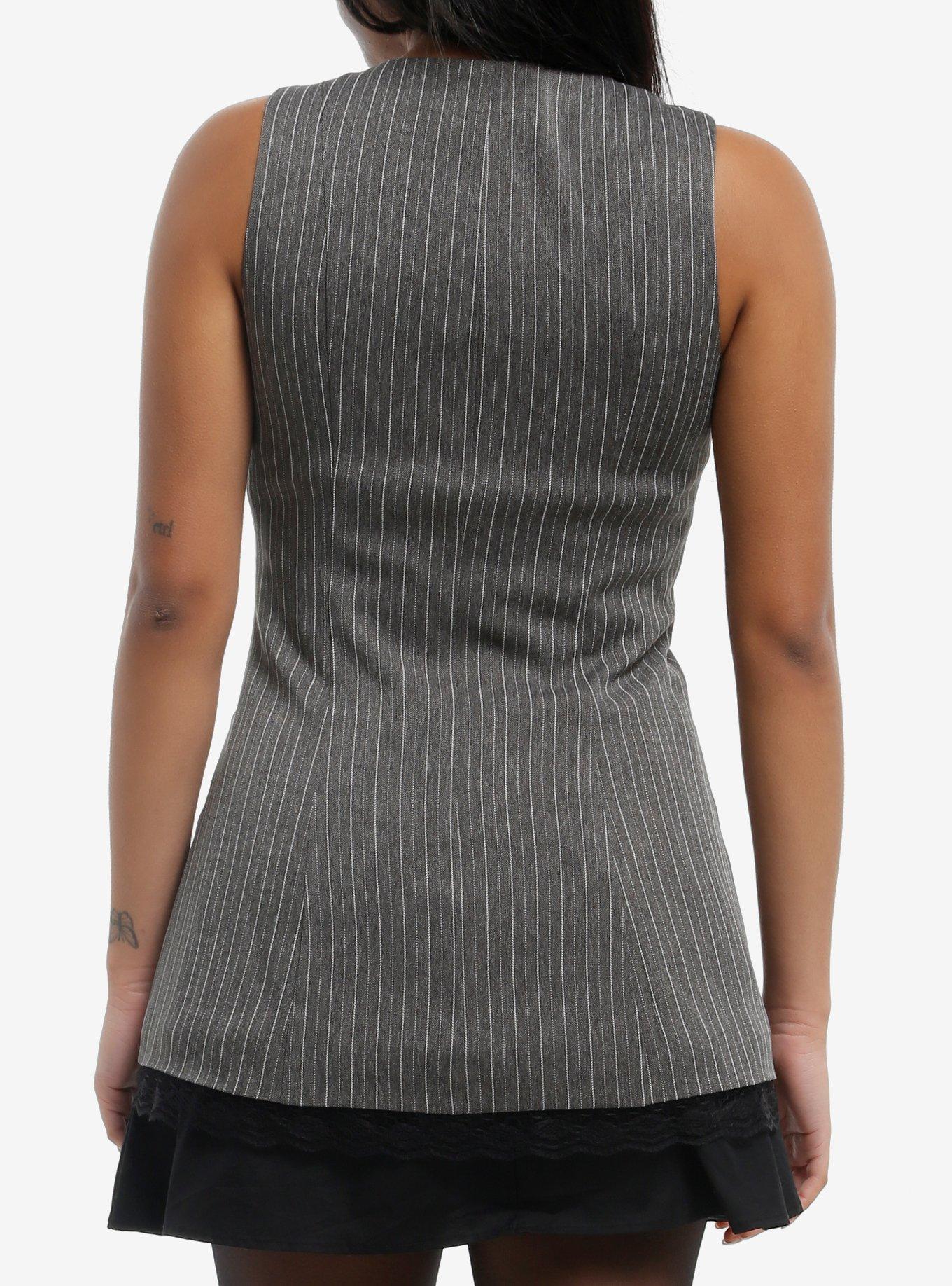 Grey Pinstripe Lace-Up Girls Vest, GREY, alternate