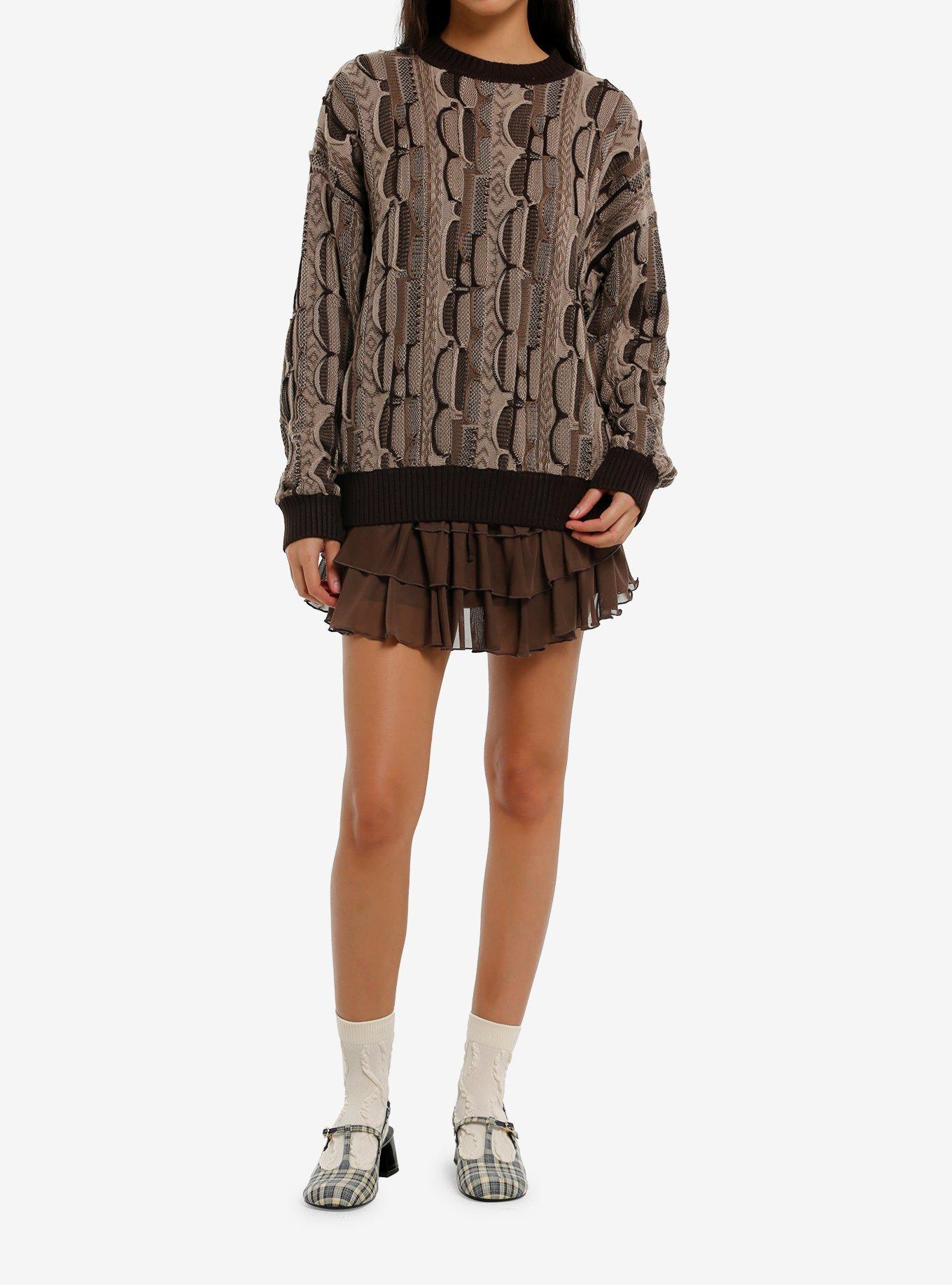 Brown Destructed Patchwork Girls Knit Sweater, , hi-res