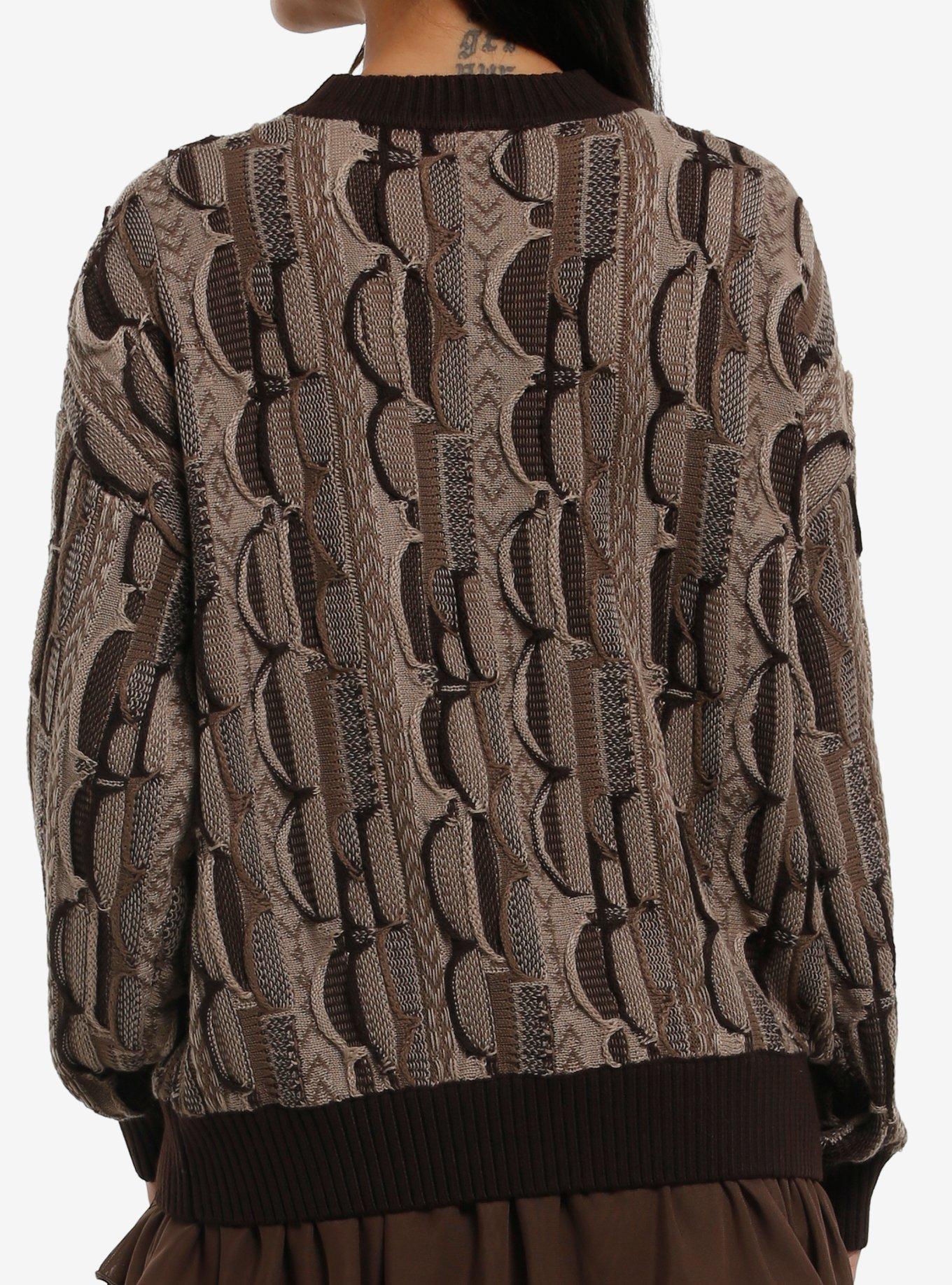 Brown Destructed Patchwork Girls Knit Sweater, BROWN, alternate