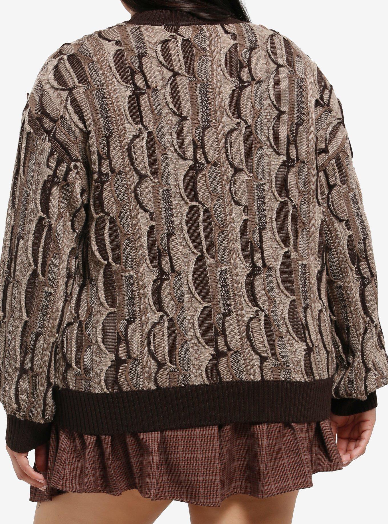 Brown Destructed Patchwork Girls Knit Sweater Plus Size, BROWN, alternate