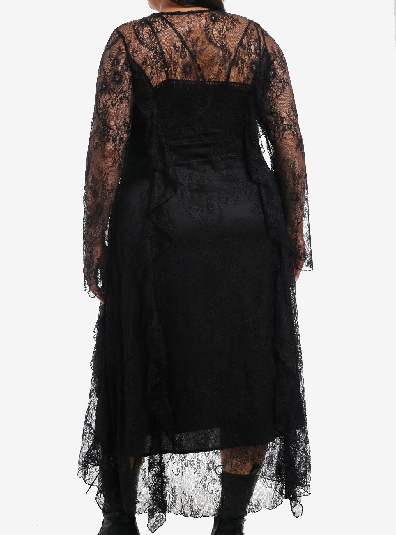 Cosmic Aura Black Lace Ruffle Duster Plus Size, , hi-res