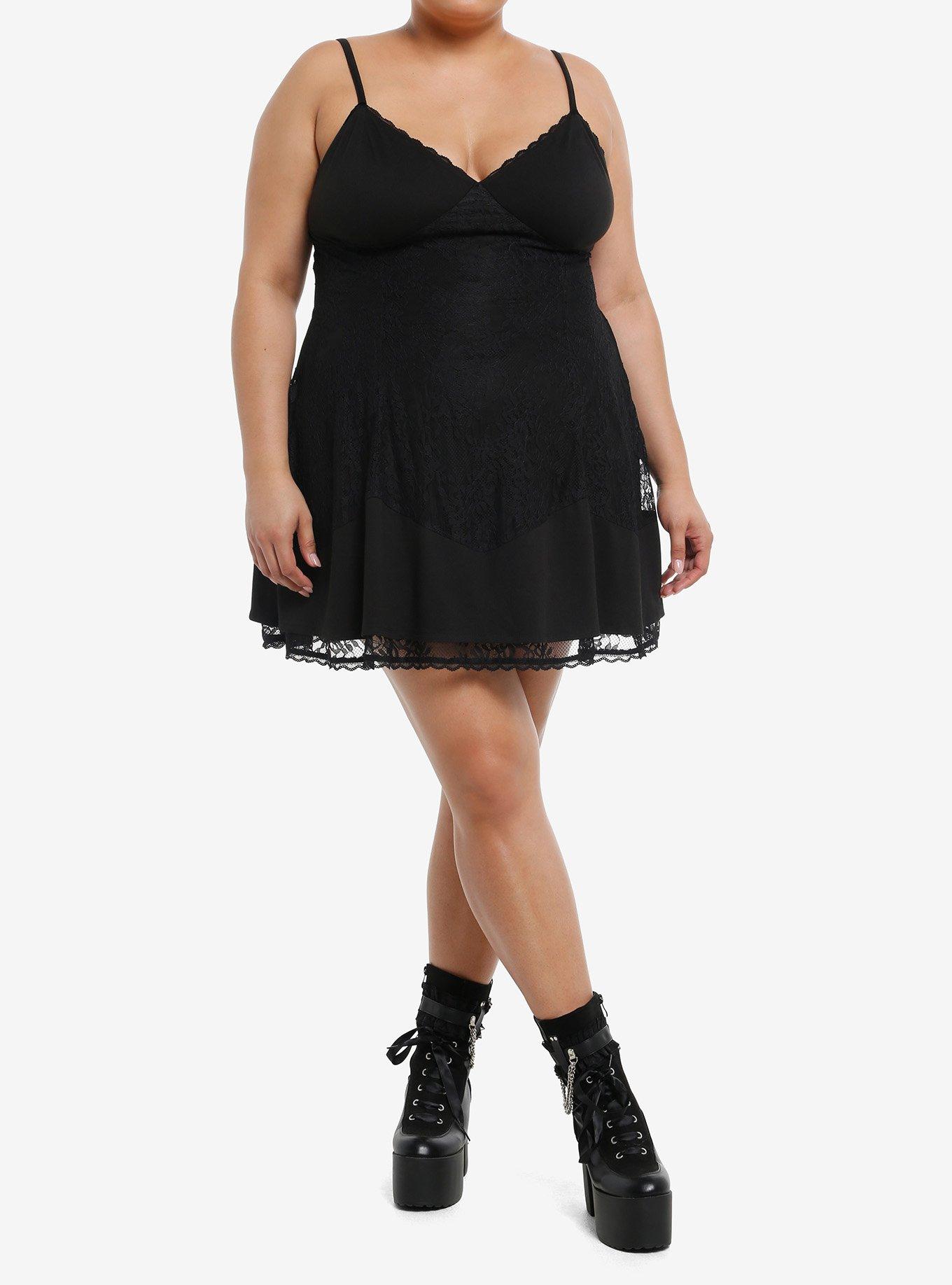 Cosmic Aura Black Lace Panel Cami Dress Plus Size, , hi-res