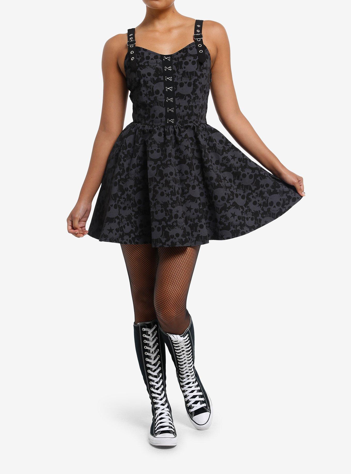 Black & Grey Skull Grommet Strap Mini Dress, , hi-res