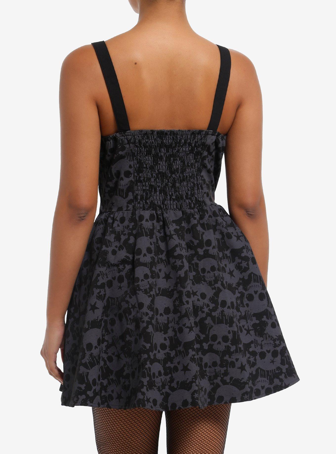 Black & Grey Skull Grommet Strap Mini Dress, GREY, alternate