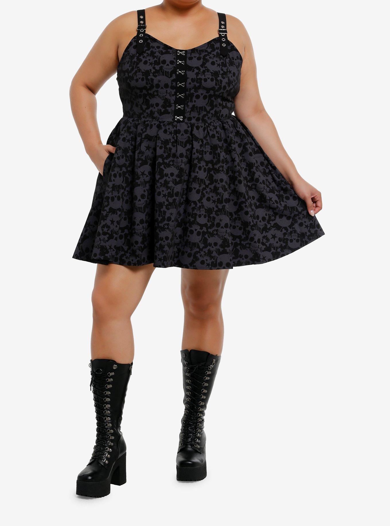 Black & Grey Skull Grommet Strap Mini Dress Plus Size, , hi-res