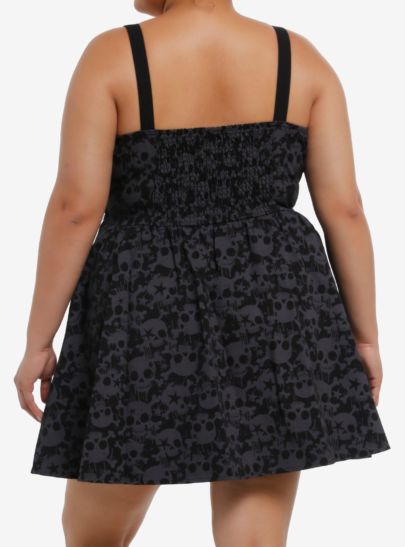 Black & Grey Skull Grommet Strap Mini Dress Plus Size, GREY, alternate