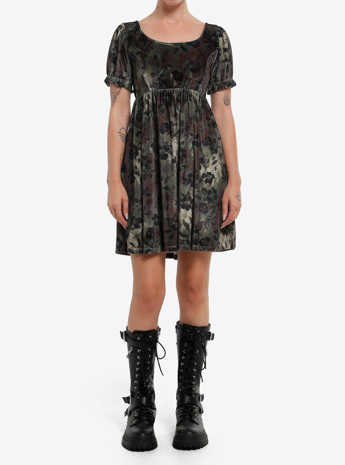 Thorn & Fable Skull & Flower Camouflage Velvet Mini Dress, , hi-res