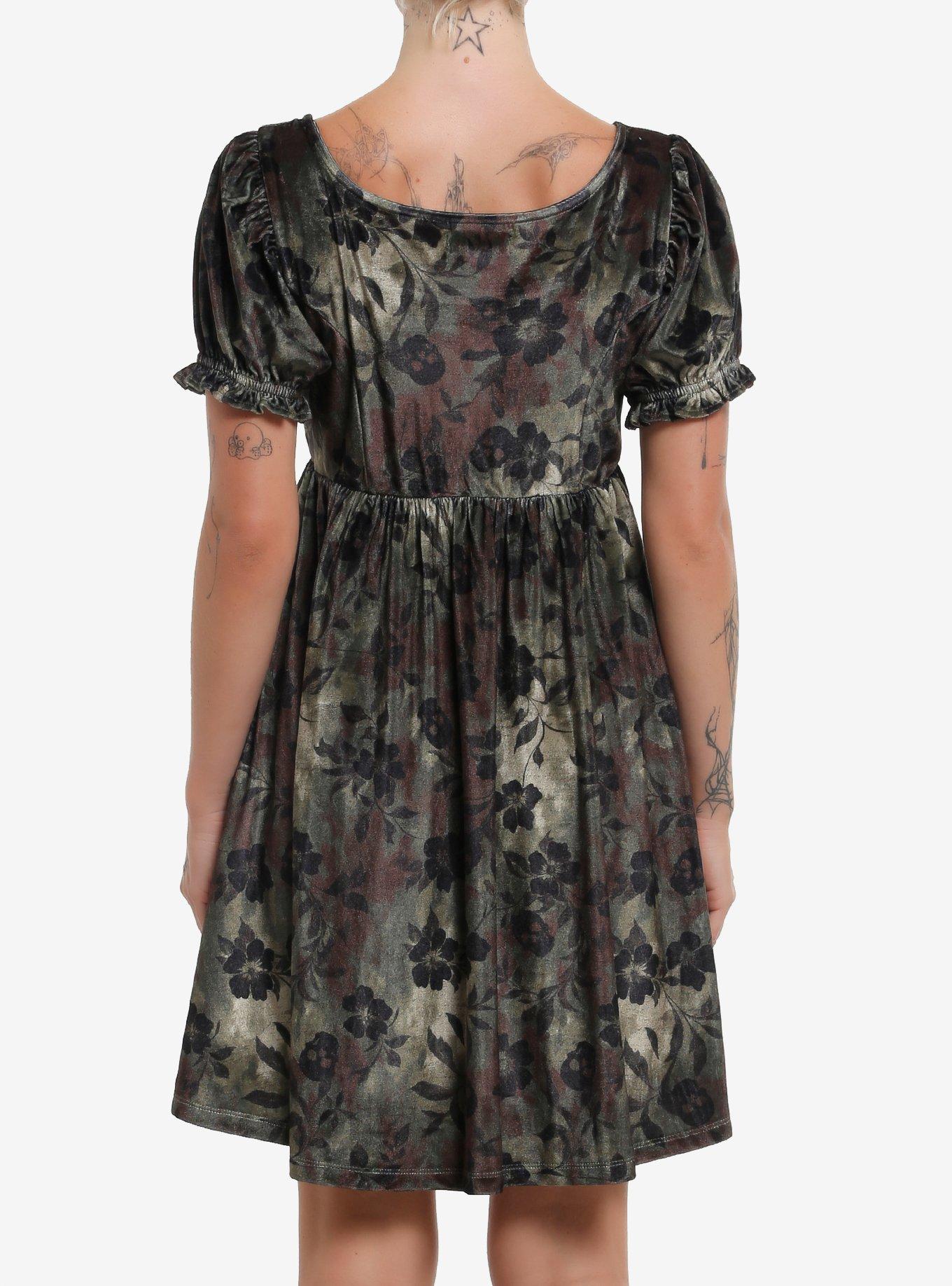 Thorn & Fable Skull & Flower Camouflage Velvet Mini Dress, BROWN, alternate