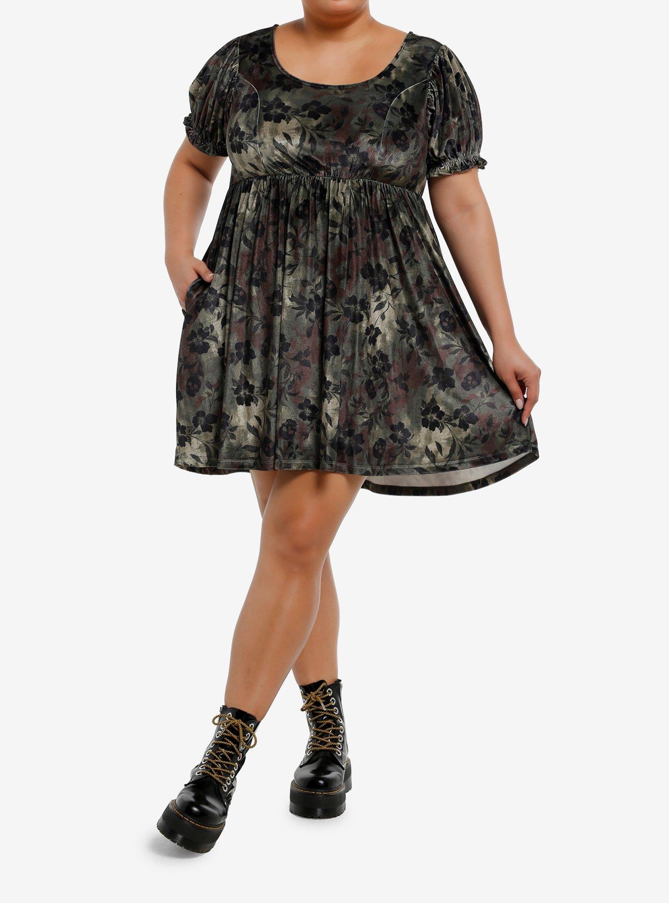 Thorn & Fable Skull & Flower Camouflage Velvet Mini Dress Plus Size, , hi-res