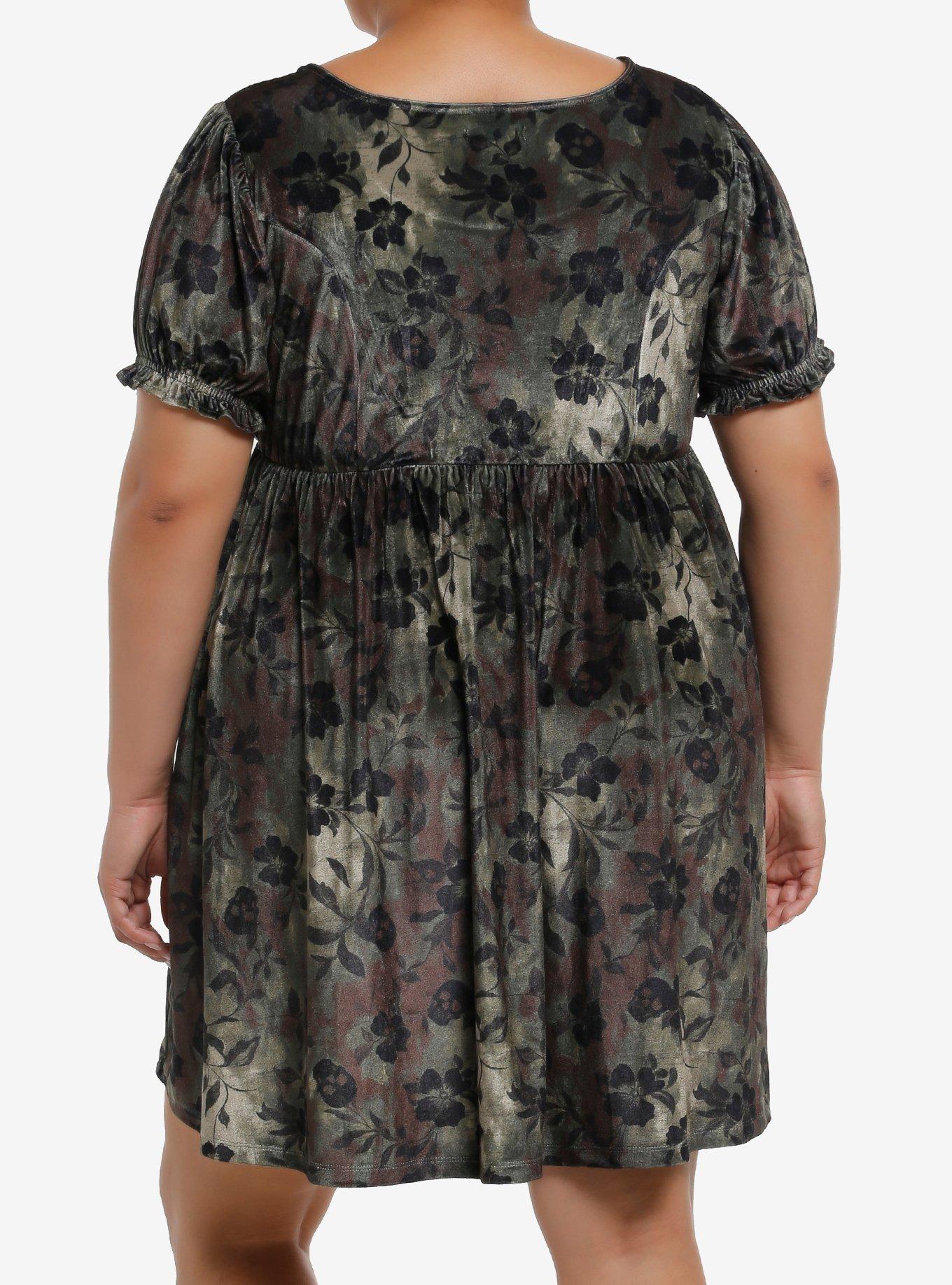 Thorn & Fable Skull & Flower Camouflage Velvet Mini Dress Plus Size, BROWN, alternate
