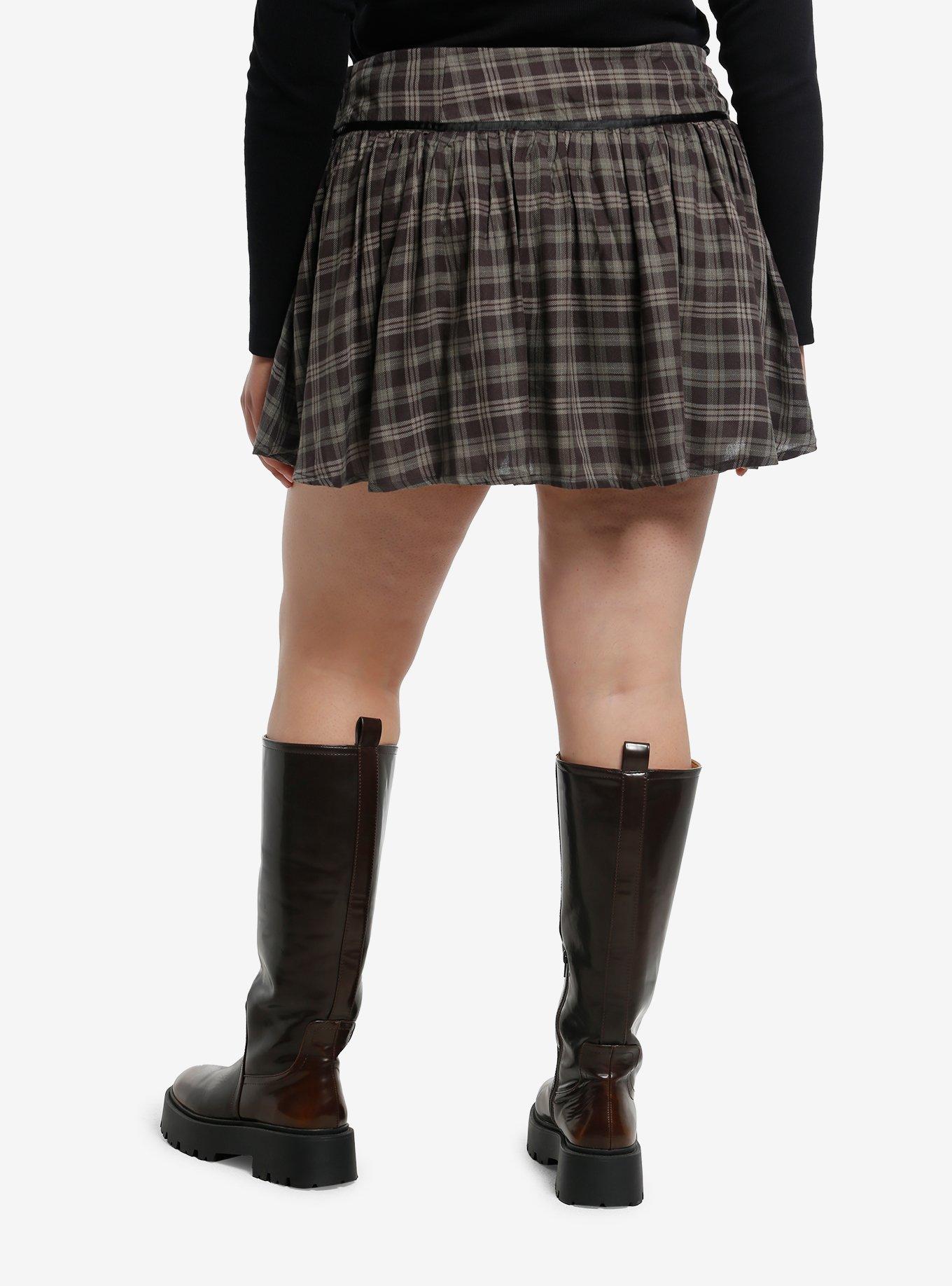 Social Collision Black & Dark Green Plaid Bow Mini Skort Plus Size, , hi-res