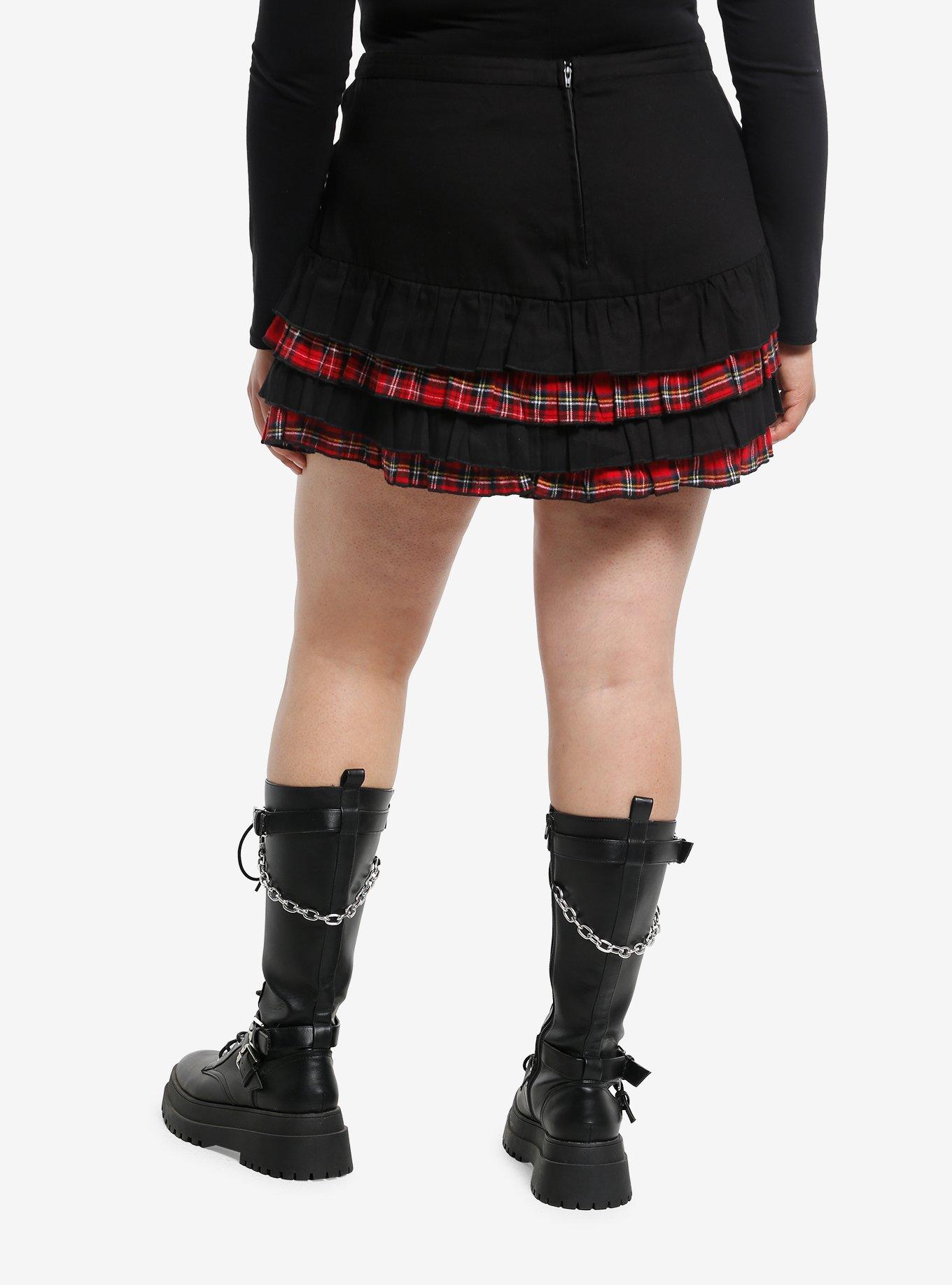 Social Collision Red Plaid & Black Grommet Buckle Mini Skirt Plus Size, , hi-res