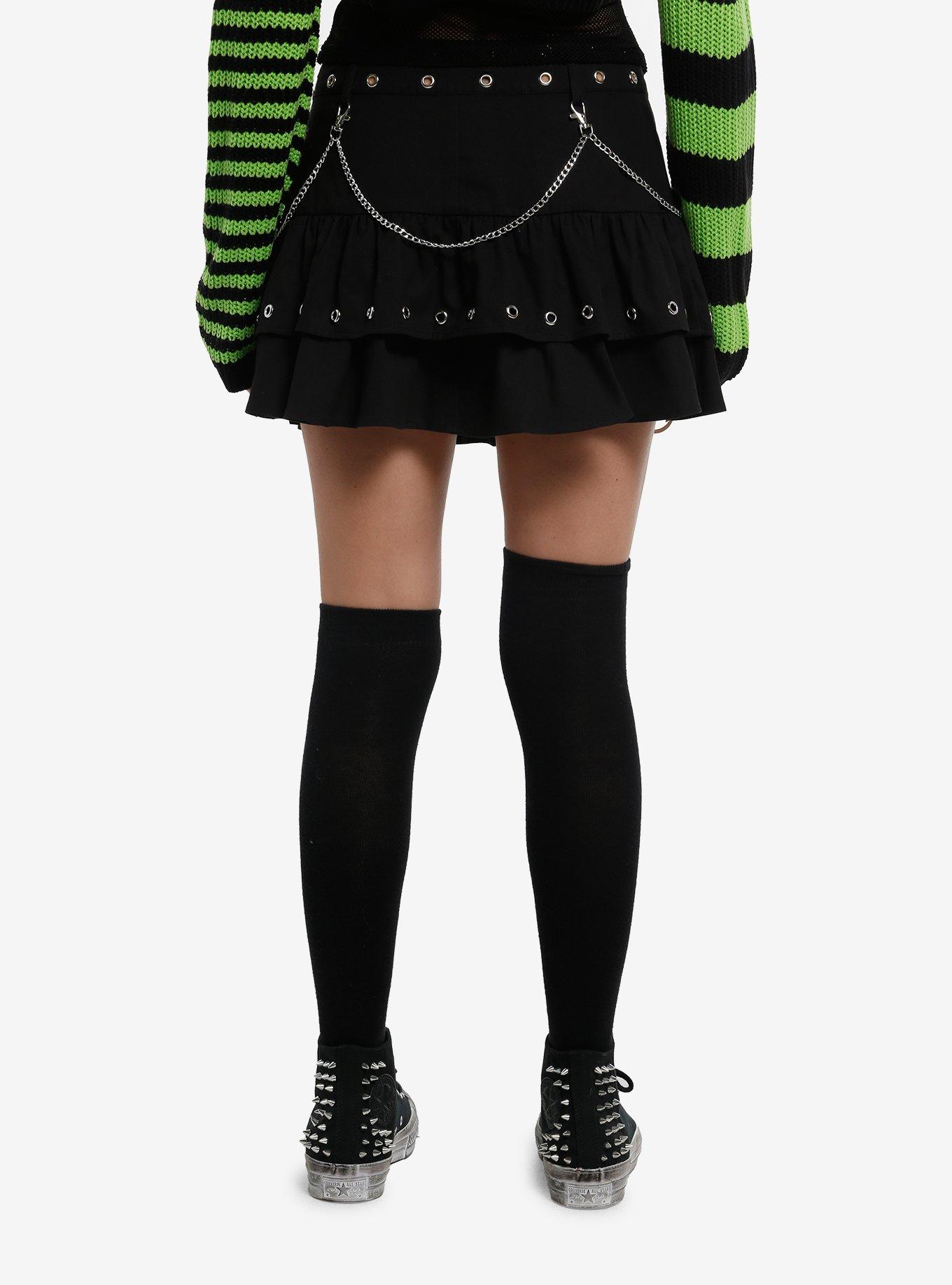 Social Collision Black Grommet & Chain Tiered Mini Skirt, , hi-res