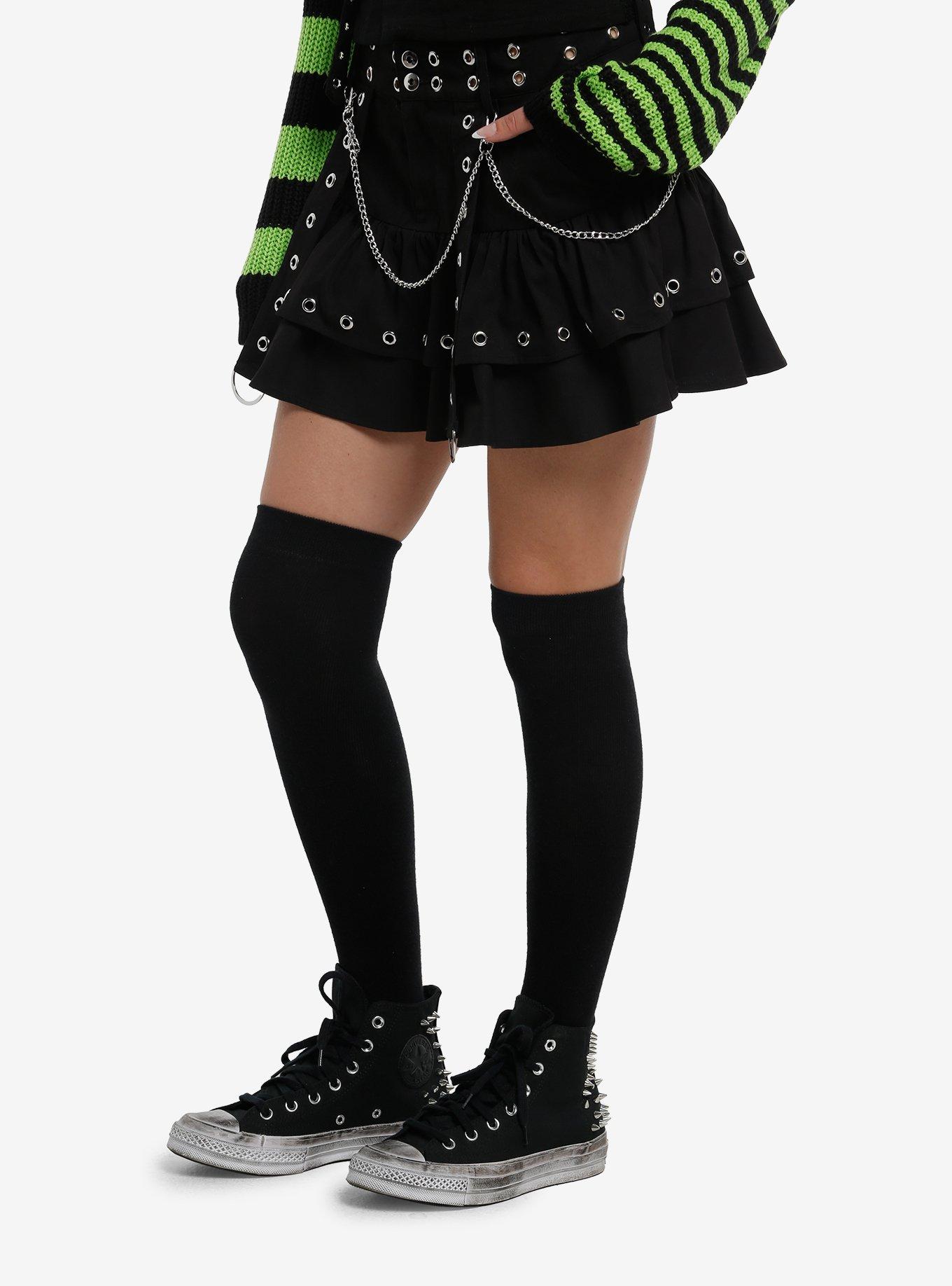 Social Collision Black Grommet & Chain Tiered Mini Skirt, BLACK, alternate