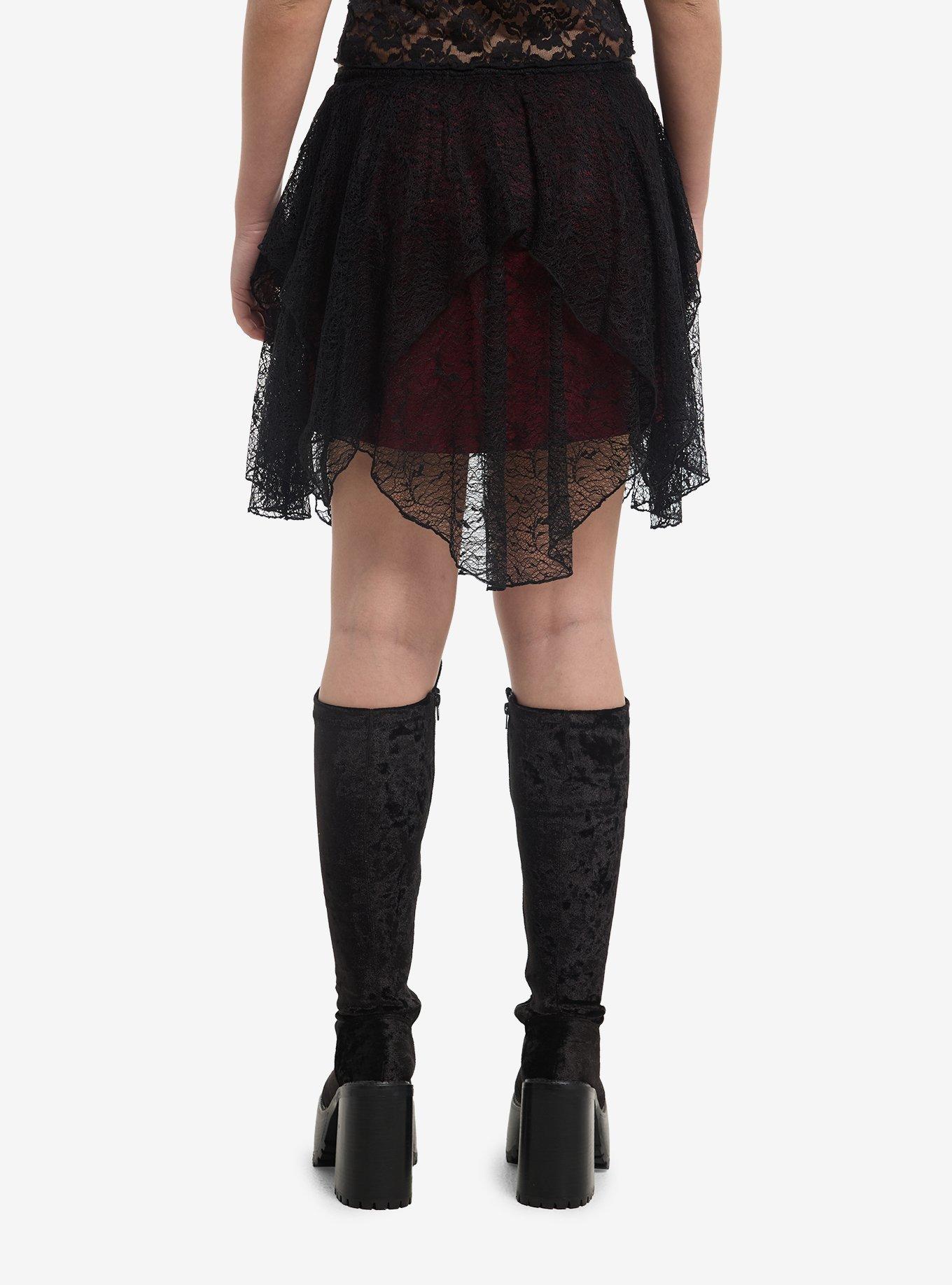 Black & Red Lace Hanky Hem Skirt, , hi-res