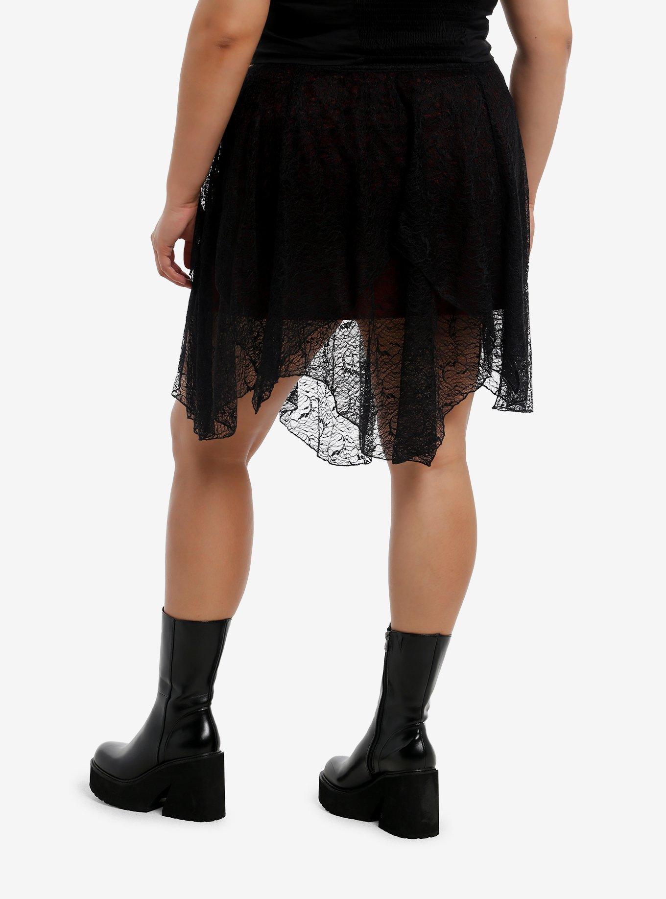 Black & Red Lace Hanky Hem Skirt Plus Size, , hi-res