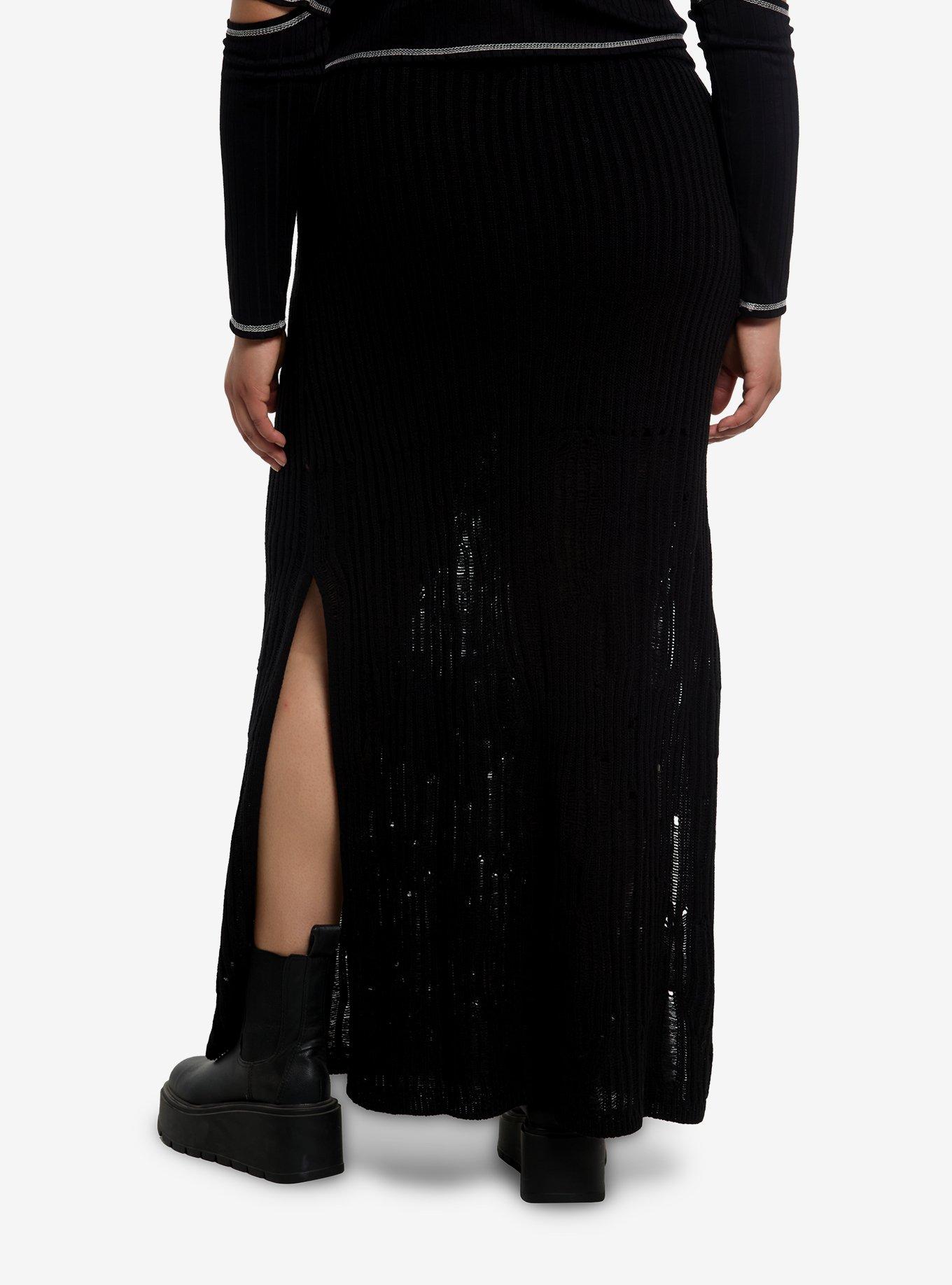 Black Knit Maxi Sweater Skirt Plus Size, , hi-res