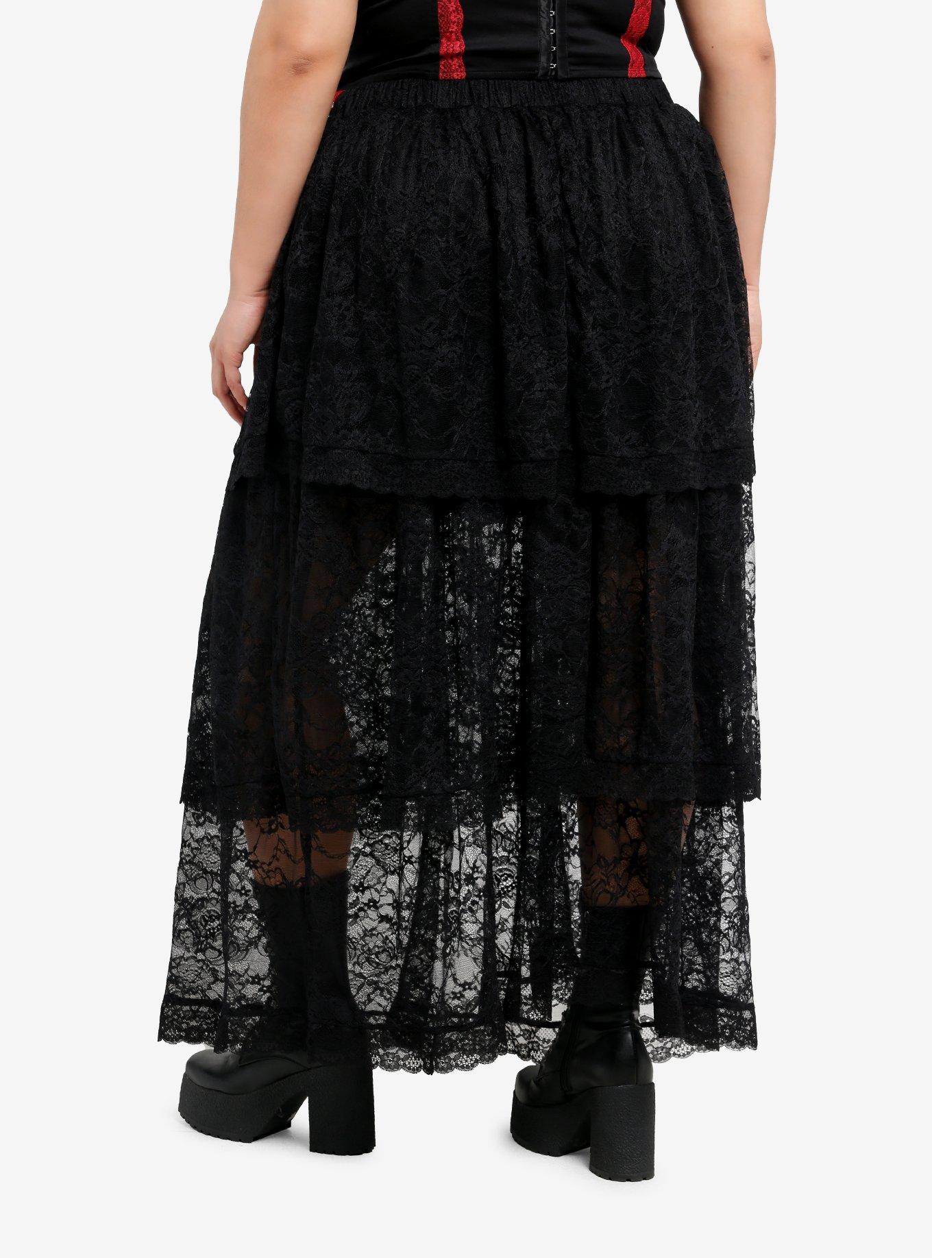 Cosmic Aura Black Lace Tiered Maxi Skirt Plus Size, , hi-res