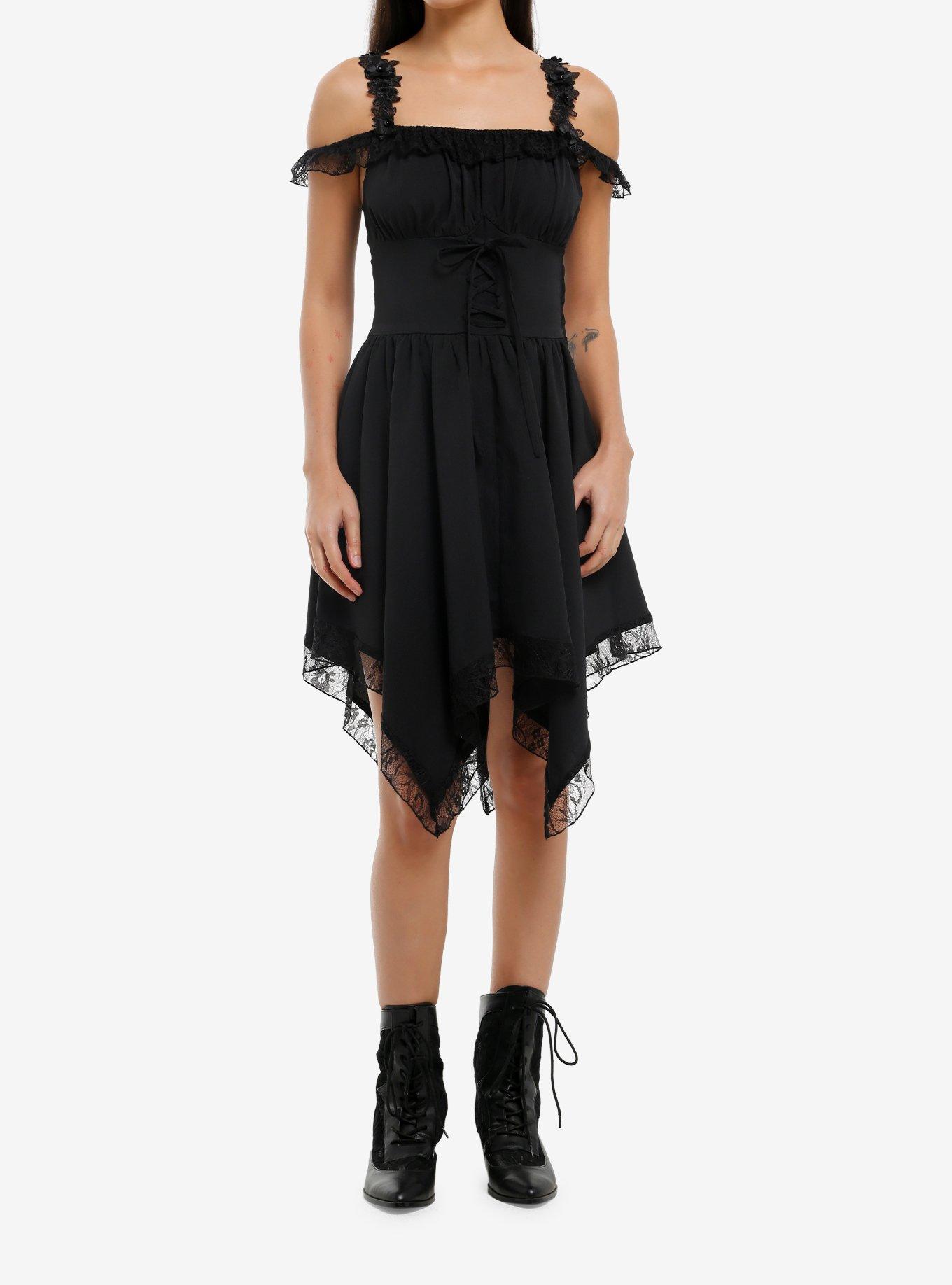 Cosmic Aura Black Floral Lace Cold-Shoulder Dress, , hi-res