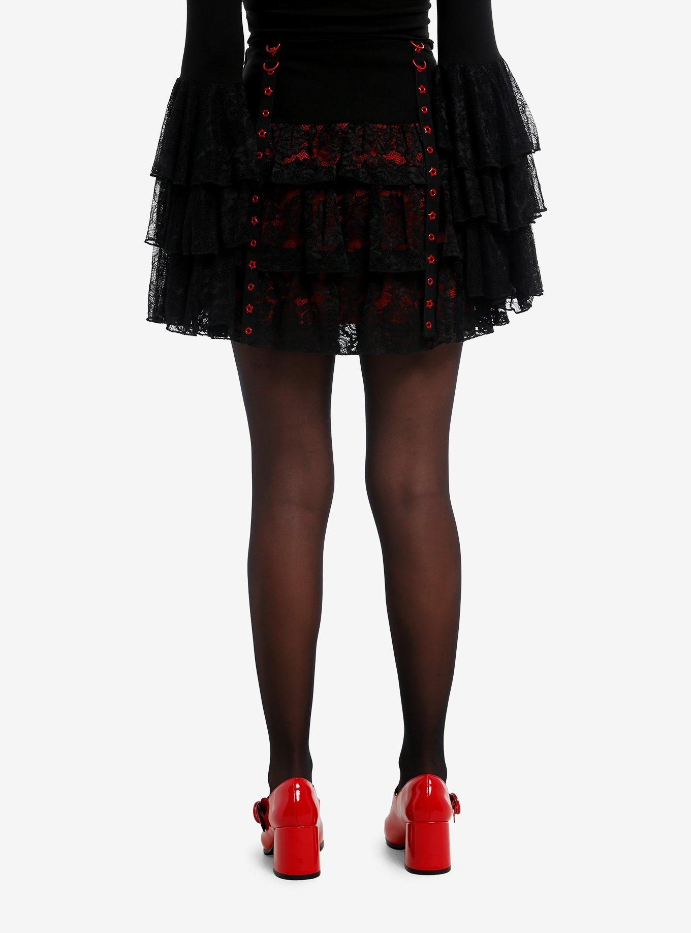 Black & Red Lace Grommet Strap Tiered Skirt, , hi-res