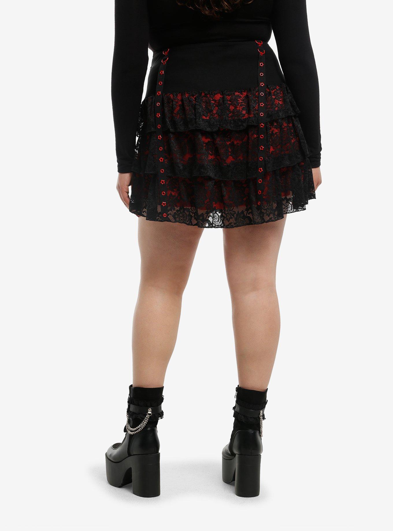 Black & Red Lace Grommet Strap Tiered Skirt Plus Size, , hi-res