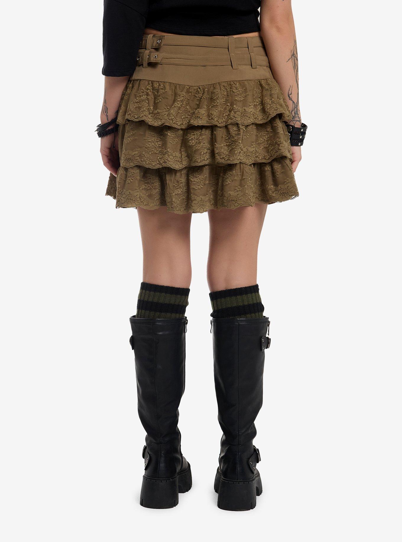 Olive Green Lace Grommet Belt Tiered Skirt, , hi-res