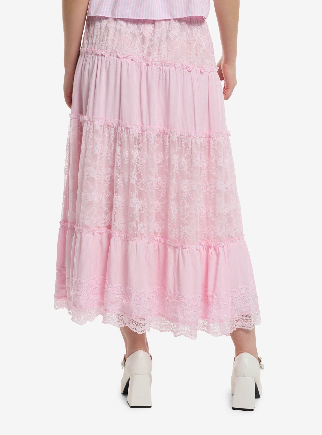 Sweet Society Pastel Pink Lace Tiered Midi Skirt, , hi-res