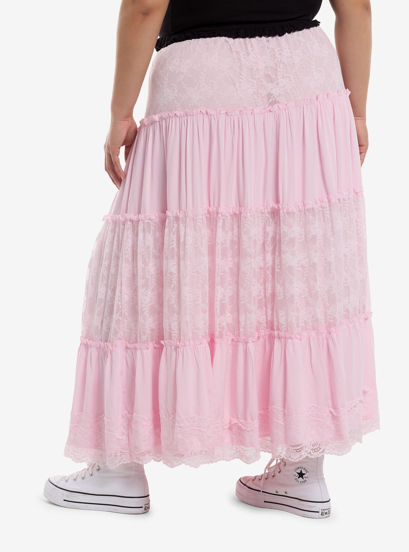 Sweet Society Pastel Pink Lace Tiered Midi Skirt Plus Size, , hi-res
