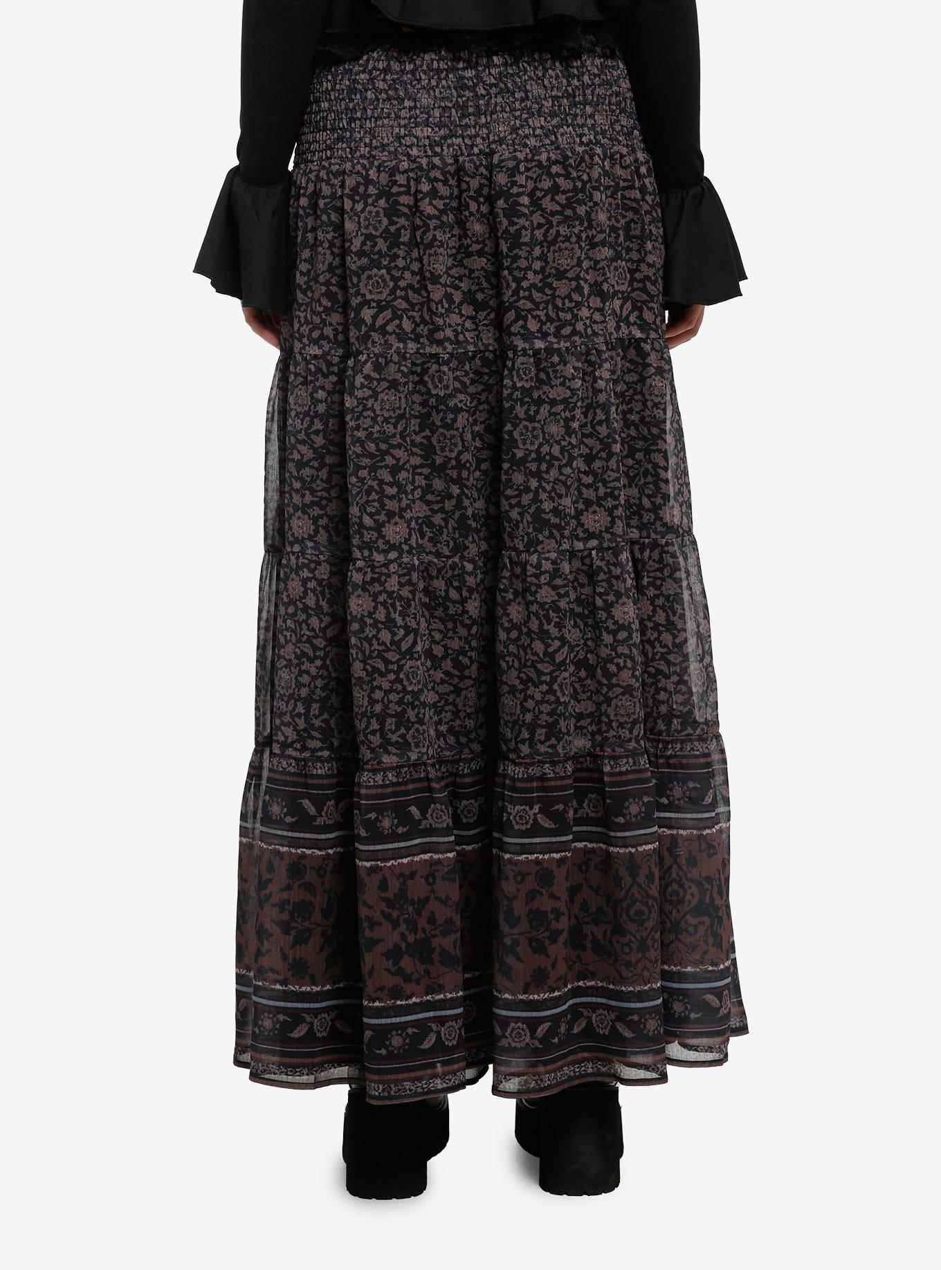 Thorn & Fable Brown Floral Tiered Maxi Skirt, , hi-res