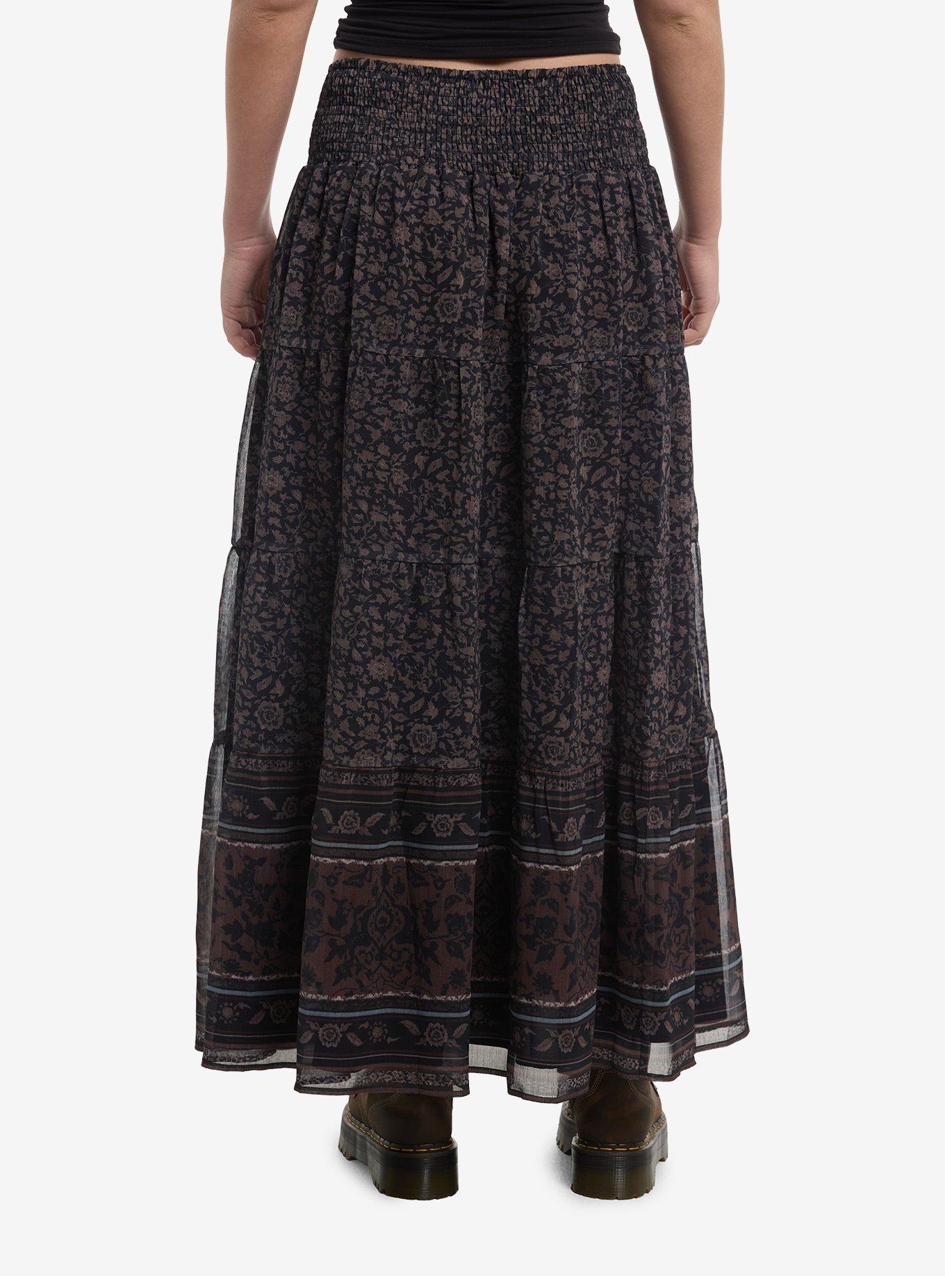 Thorn & Fable Brown Floral Tiered Maxi Skirt Plus Size, , hi-res