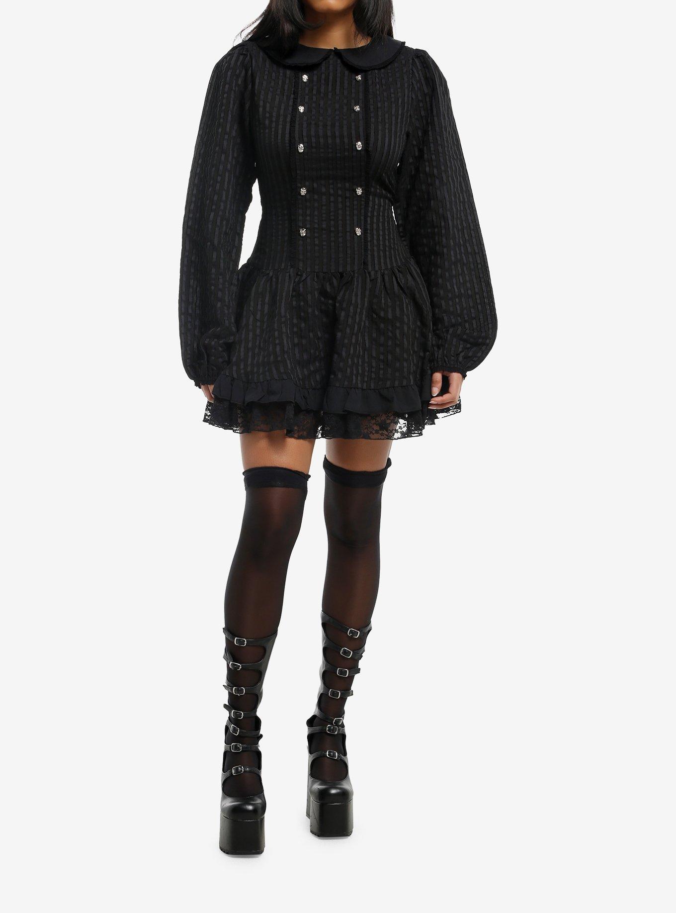 Black Stripe Skull Stud Collared Dress, , hi-res