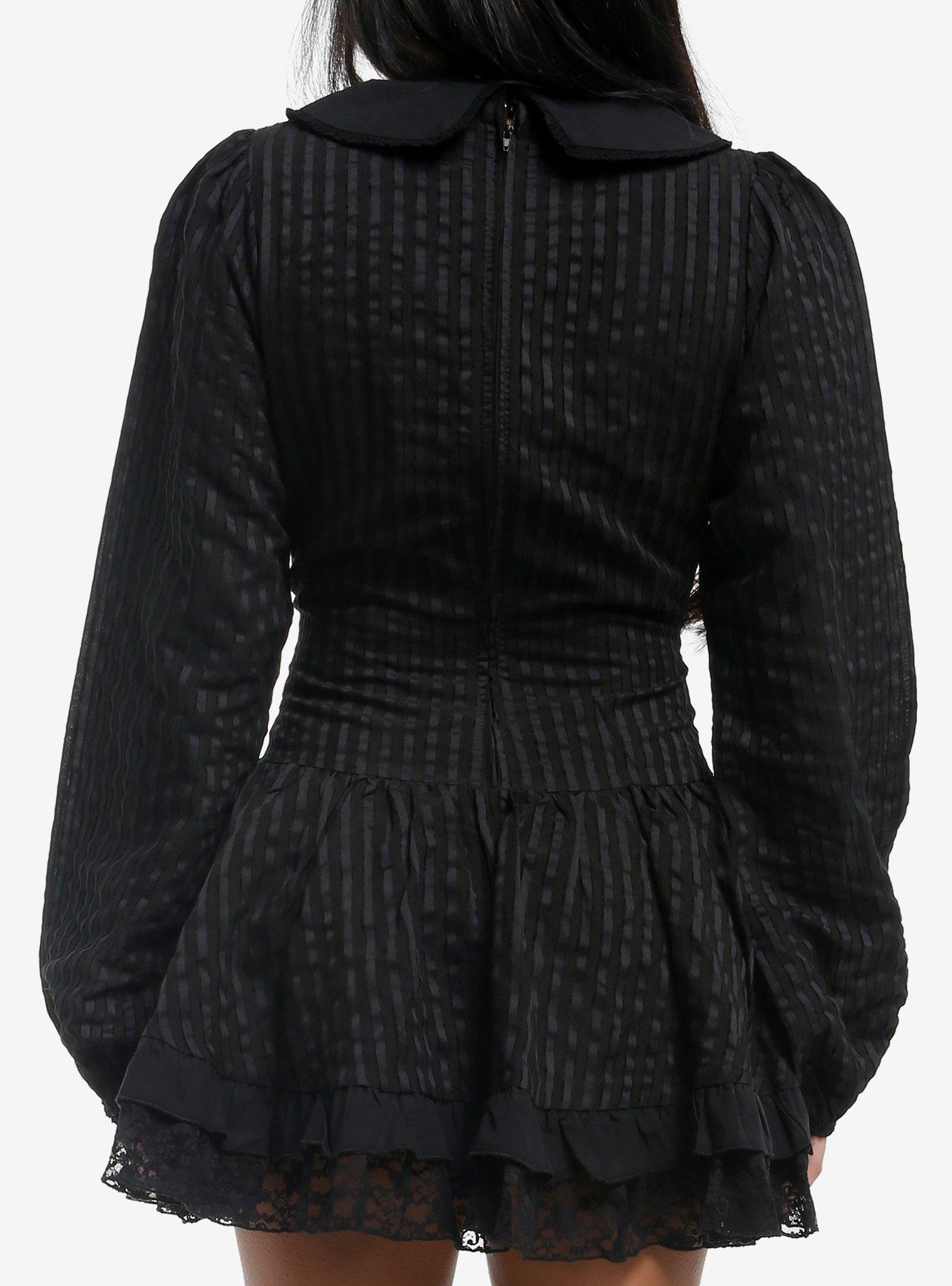 Black Stripe Skull Stud Collared Dress, BLACK, alternate