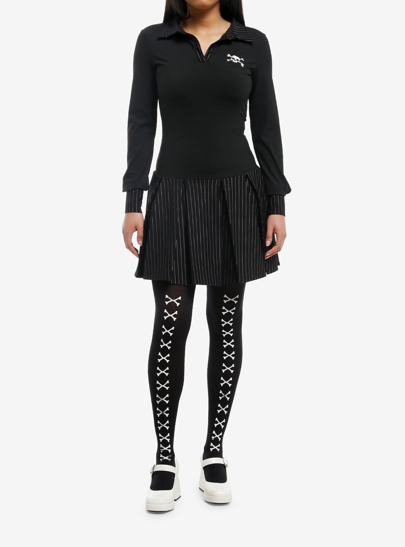 Skull & Crossbones Pinstripe Collared Long-Sleeve Dress, , hi-res